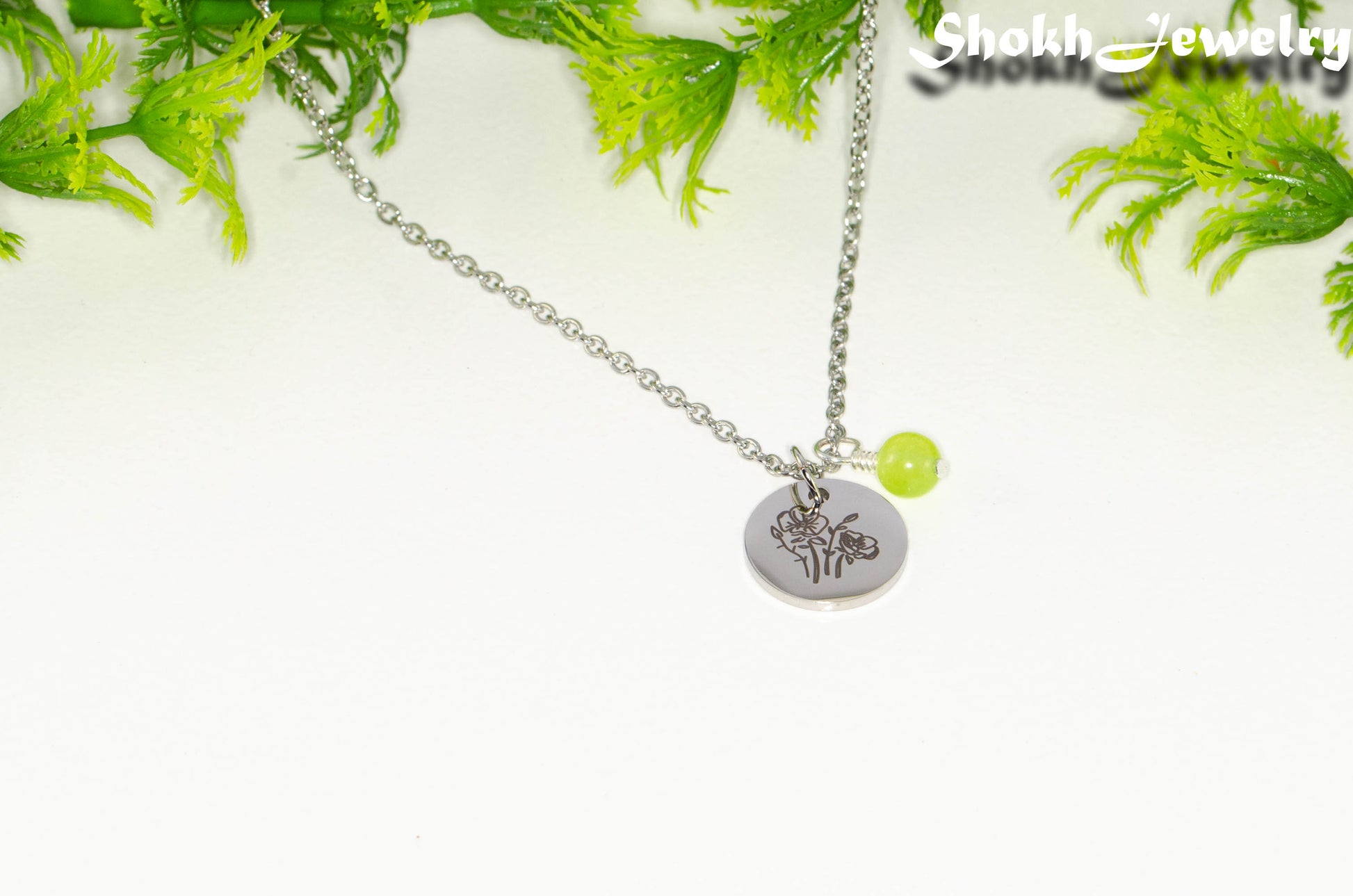 August Birth Flower Necklace with Peridot Birthstone Pendant.