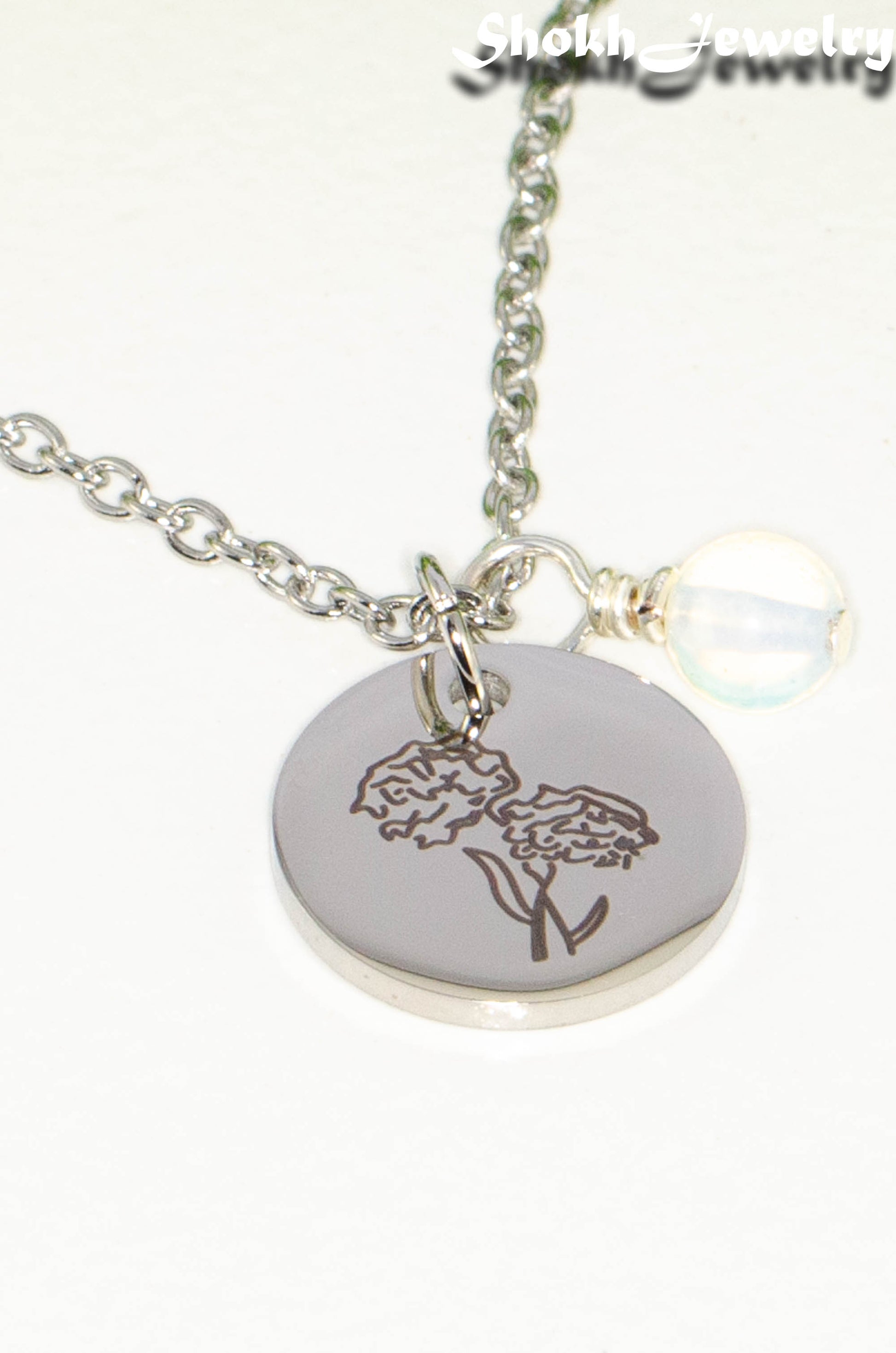 Close up of October Birth Flower Necklace with White Opal Birthstone Pendant.