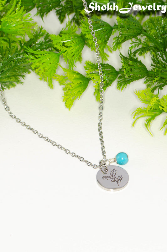 December Birth Flower Necklace with Turquoise Howlite Birthstone Pendant.