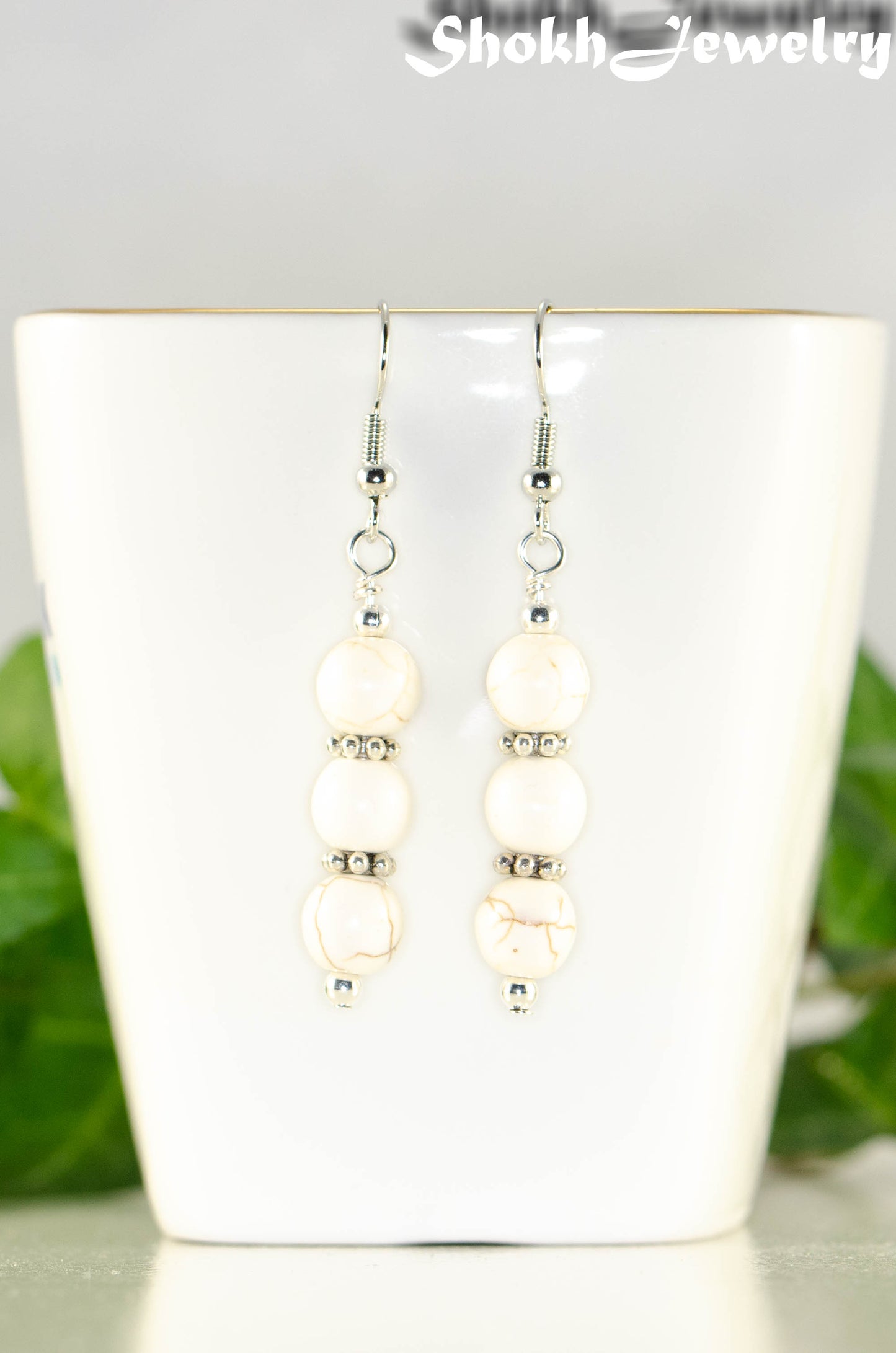 Front view of Natural White Howlite Beaded Bar Earrings.
