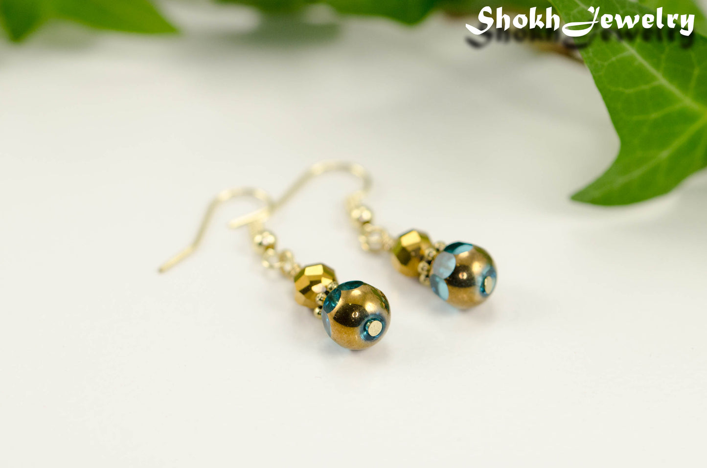 Small Patina Blue Glass Bead Dangle Earrings