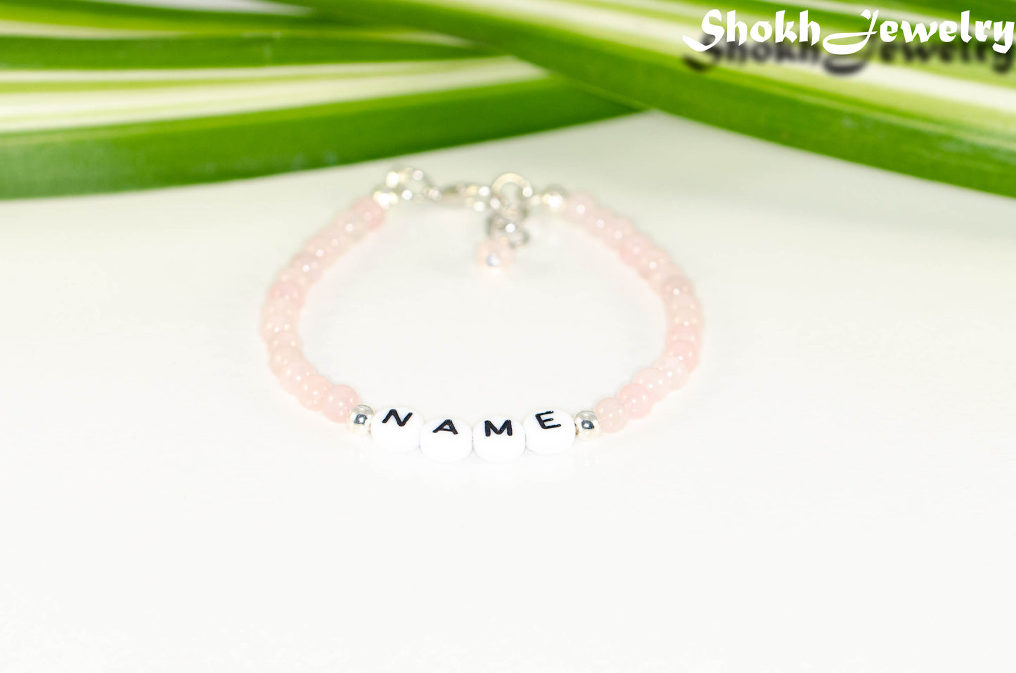 Personalized Rose Quartz Name Bracelet with Clasp.