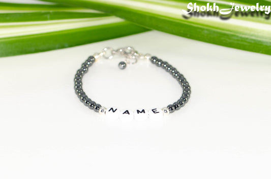 Personalized Hematite Stone Name Bracelet with Clasp.