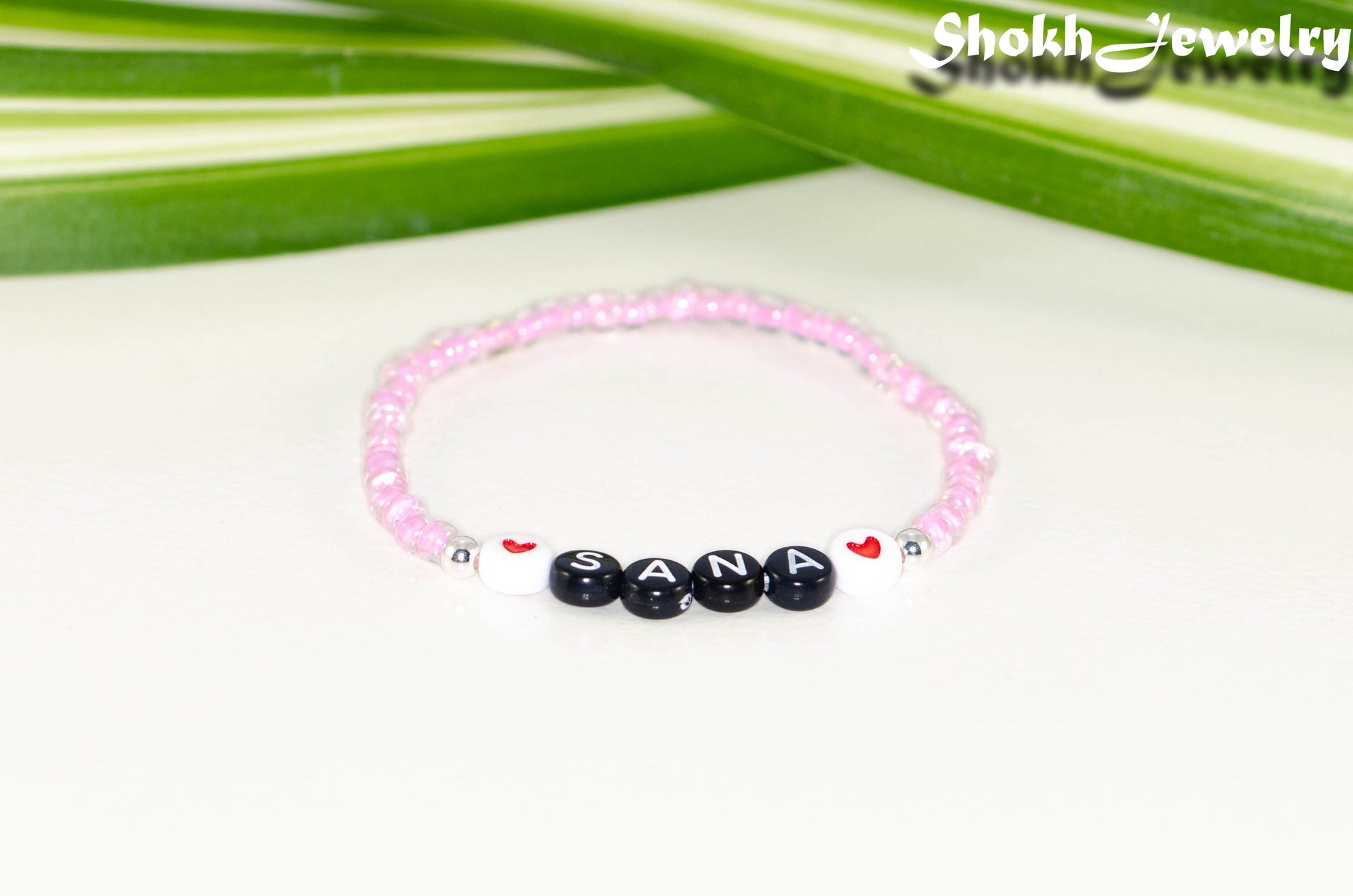 Pink Seed Beads Name Bracelet.