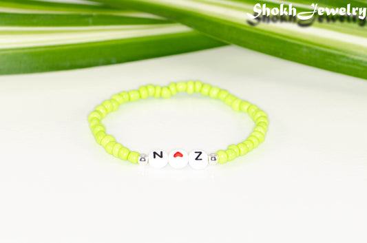 Lime Green Seed Beads Bracelet with Initials.