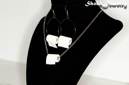 Miniature Toilet Paper Roll Necklace and Earrings Set displayed on a bust.