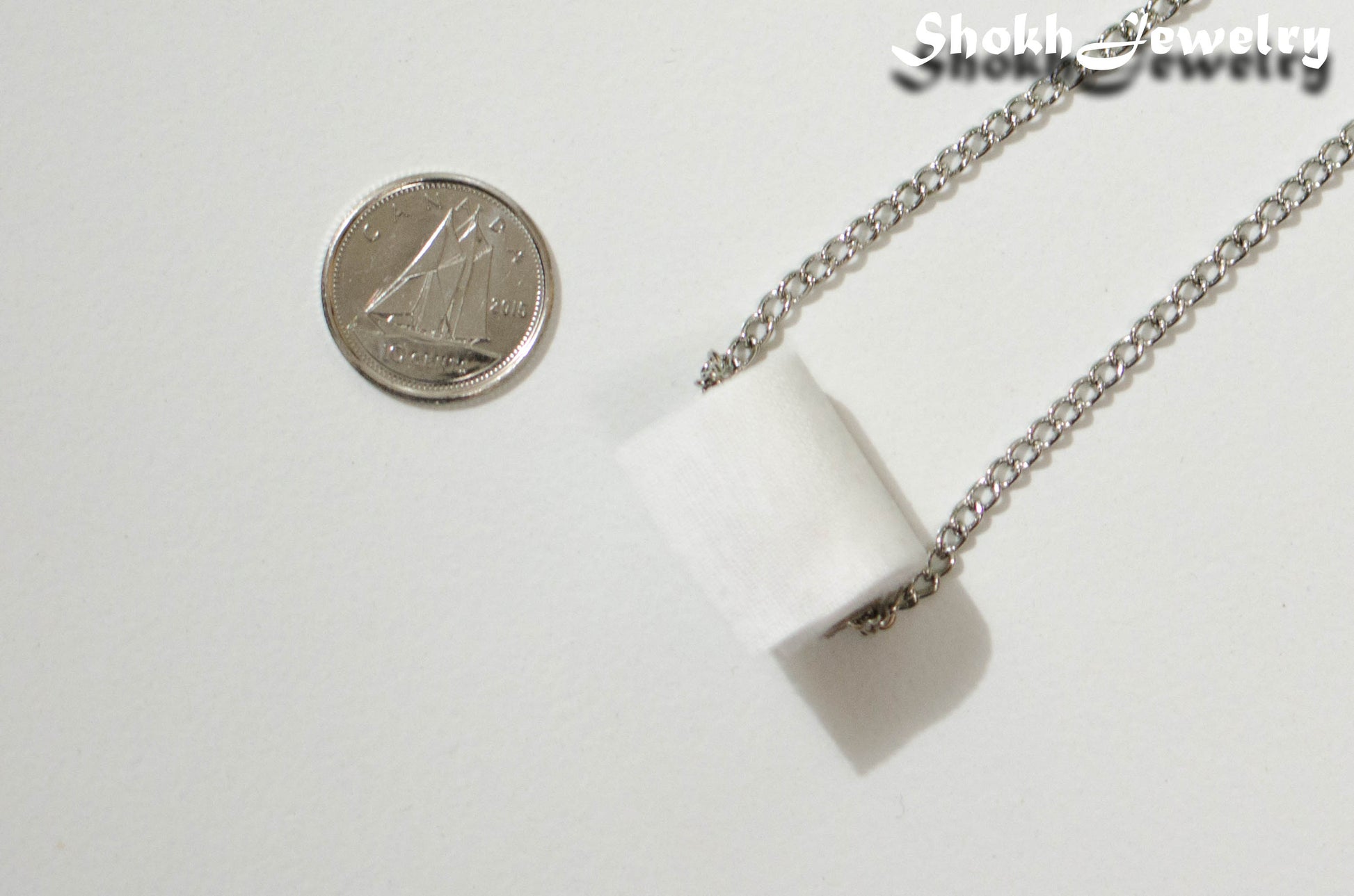 Miniature Toilet Paper Roll Necklace beside a dime.