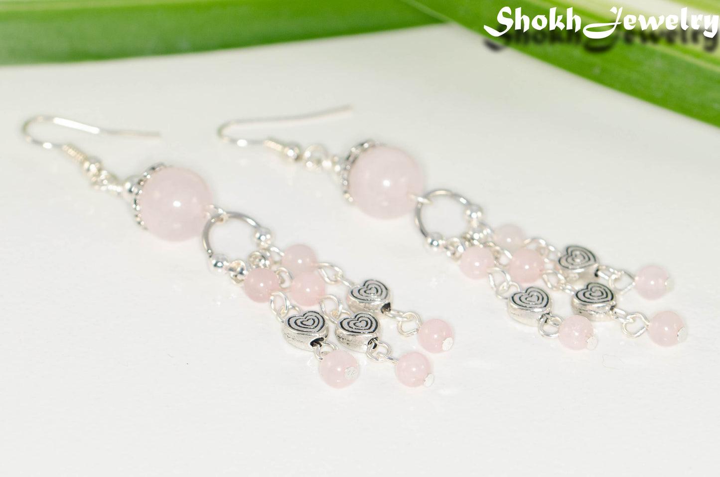 Statement Rose Quartz and Heart Chandelier Earrings