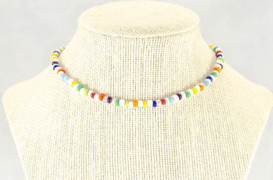 Multicolour Seed Bead Choker Necklace displayed on a bust.