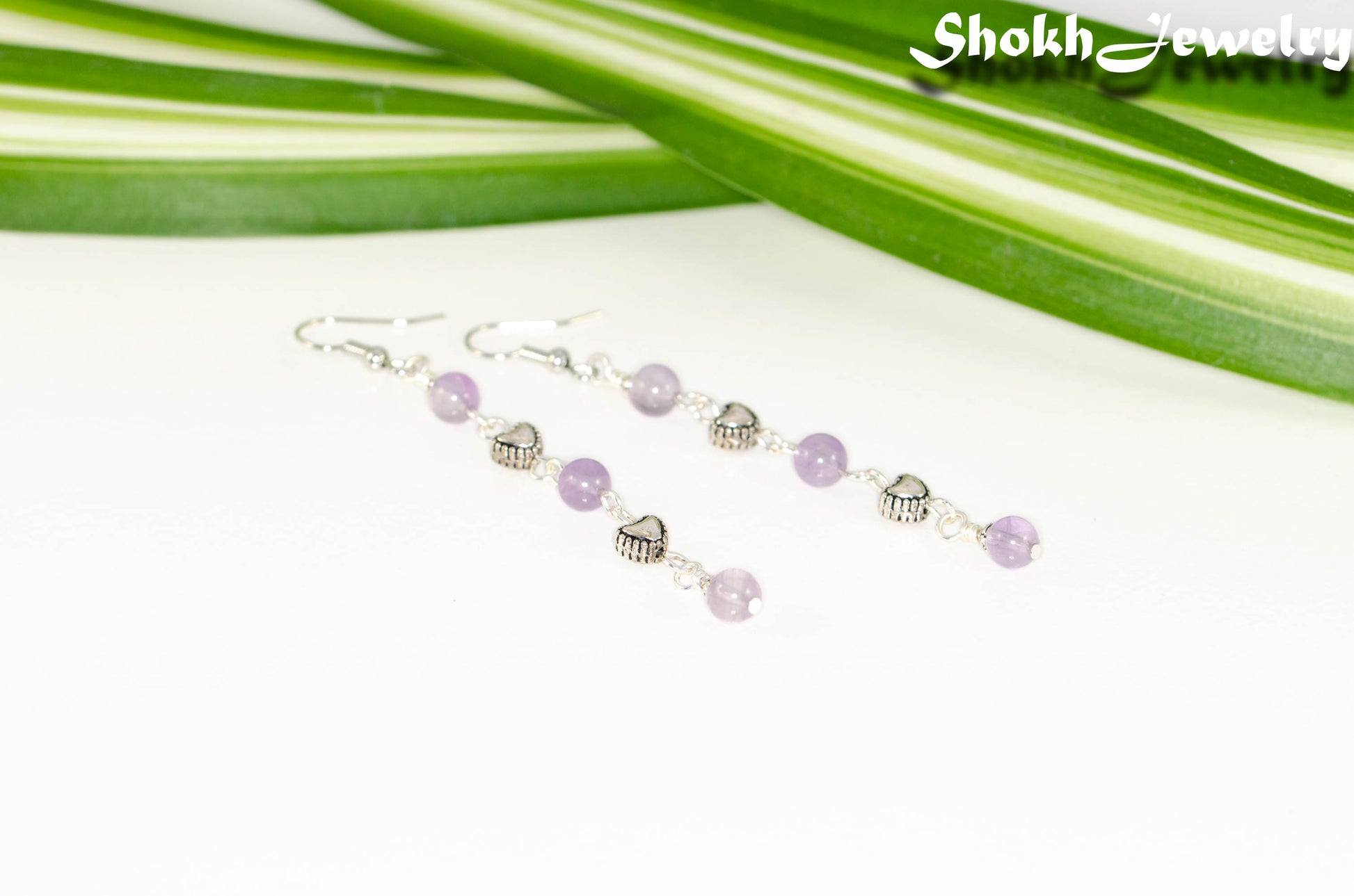 Long Amethyst and Heart Earrings.