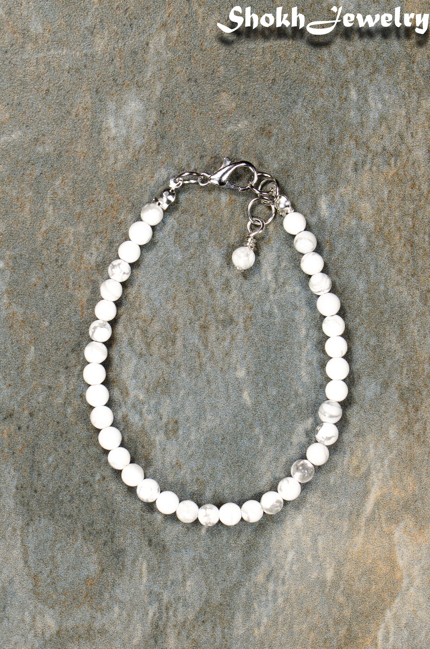 Top view of 4mm White Howlite anklet with Clasp.