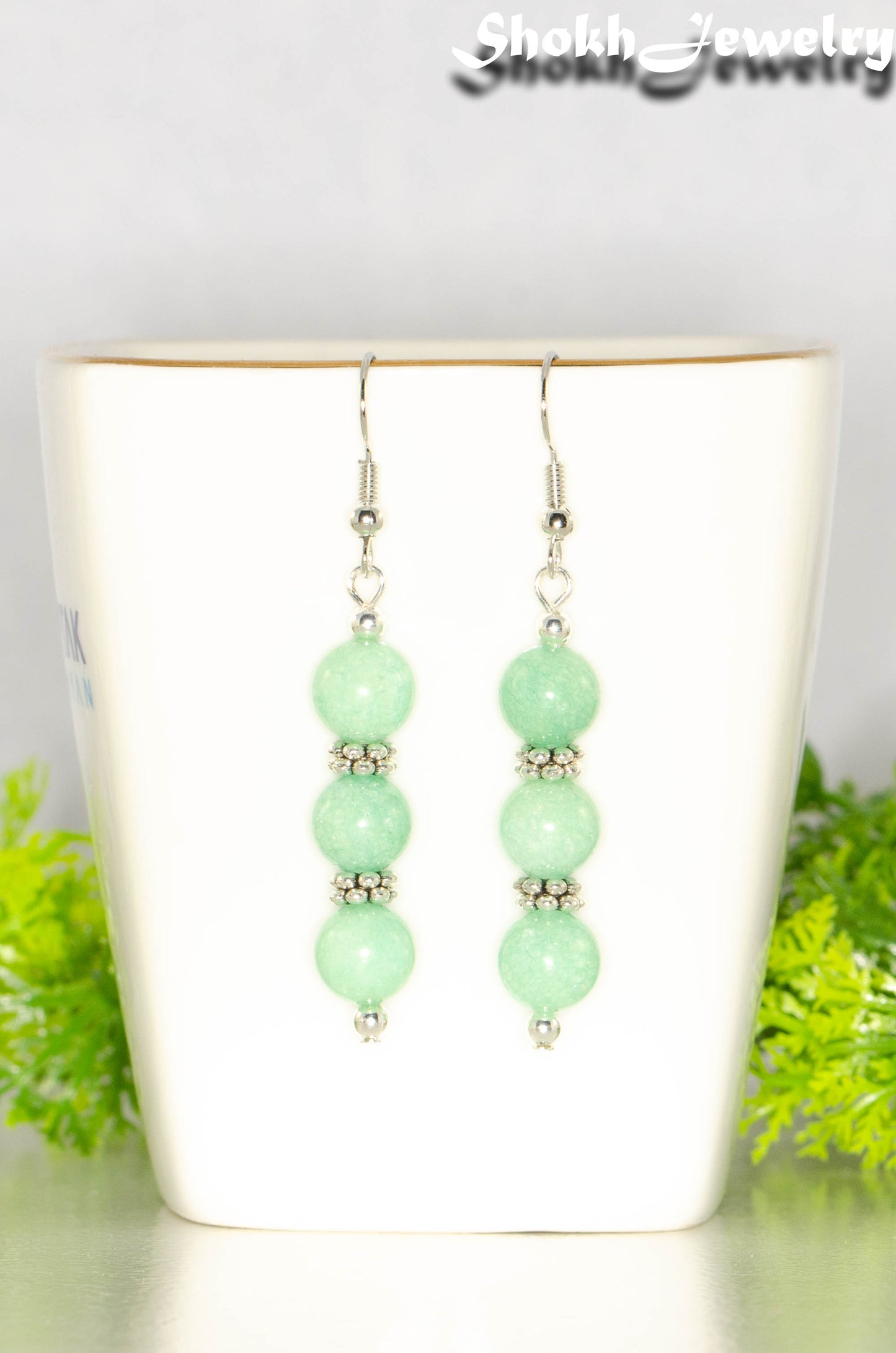 Natural Mint Green Quartz Beaded Bar Earrings.