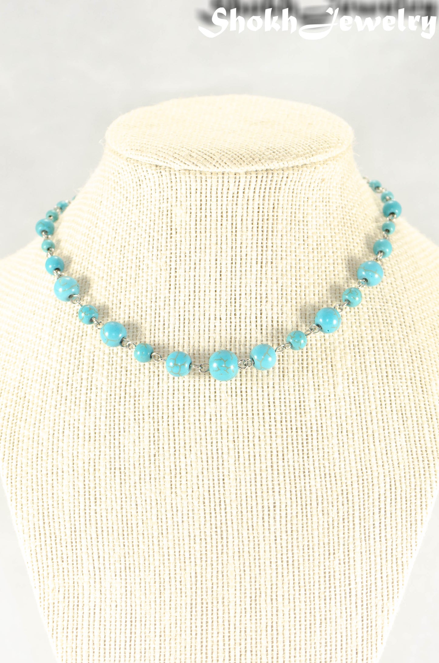 Close up of Handmade Turquoise Howlite Link Choker Necklace.