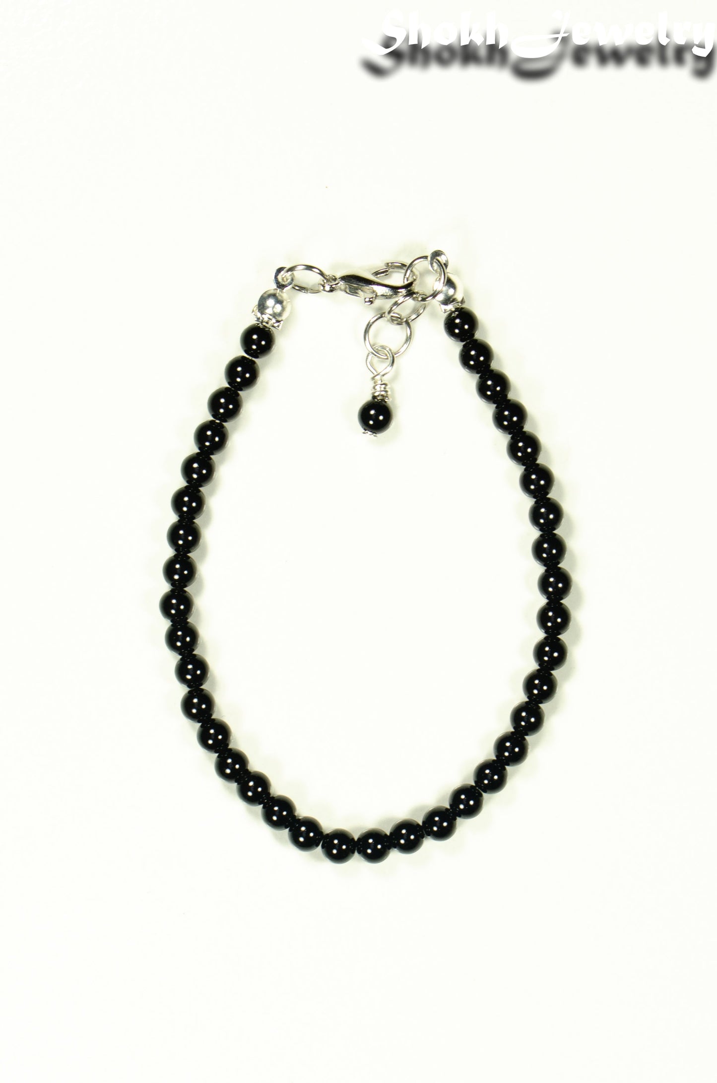 Top view of 4mm Black Onyx Stone anklet with Clasp.