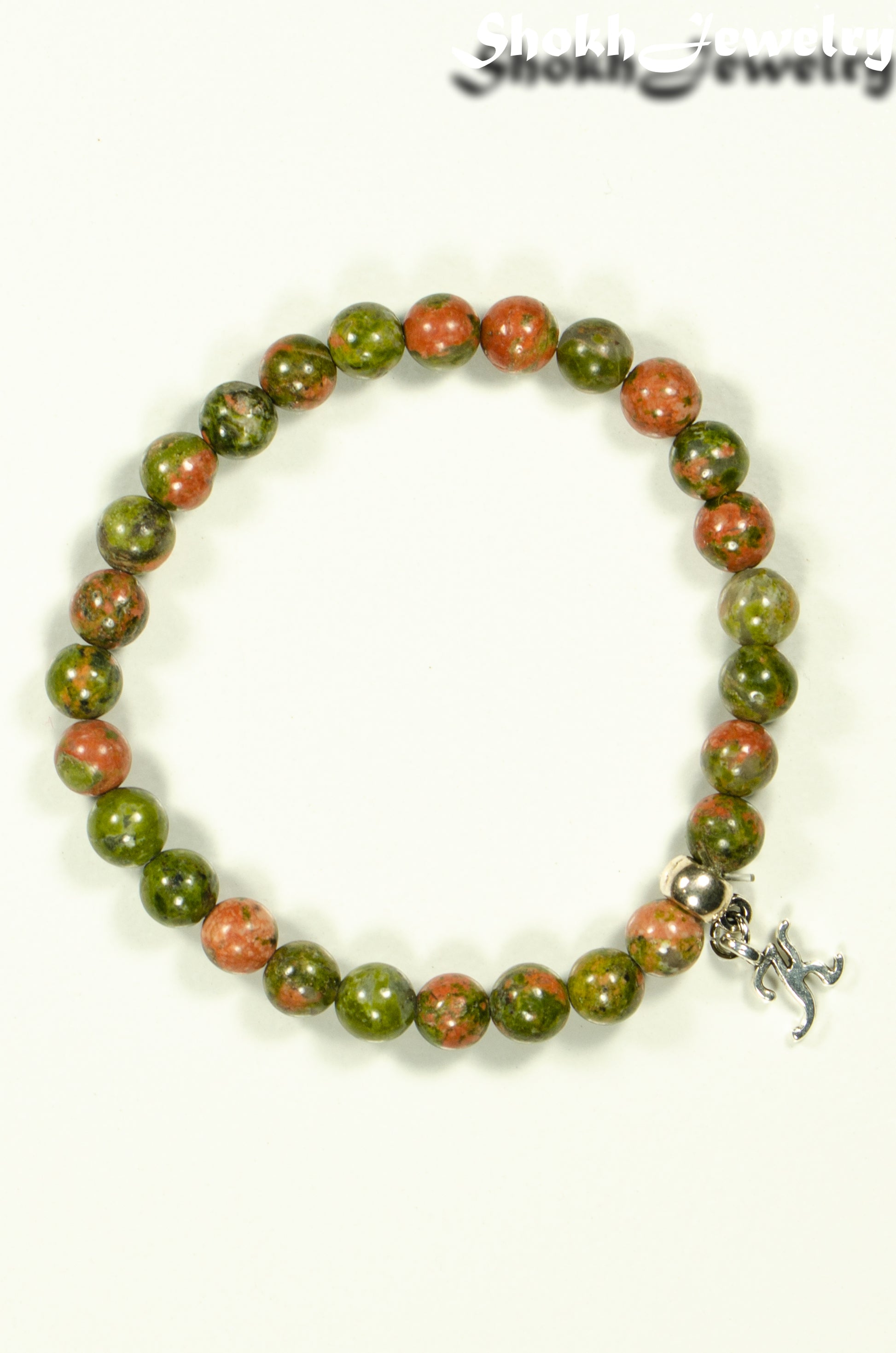 Top view of 6mm Unakite Bracelet with Initial.