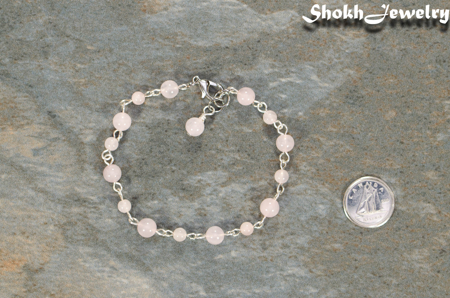 Handmade Rose Quartz Link chain anklet beside a dime.