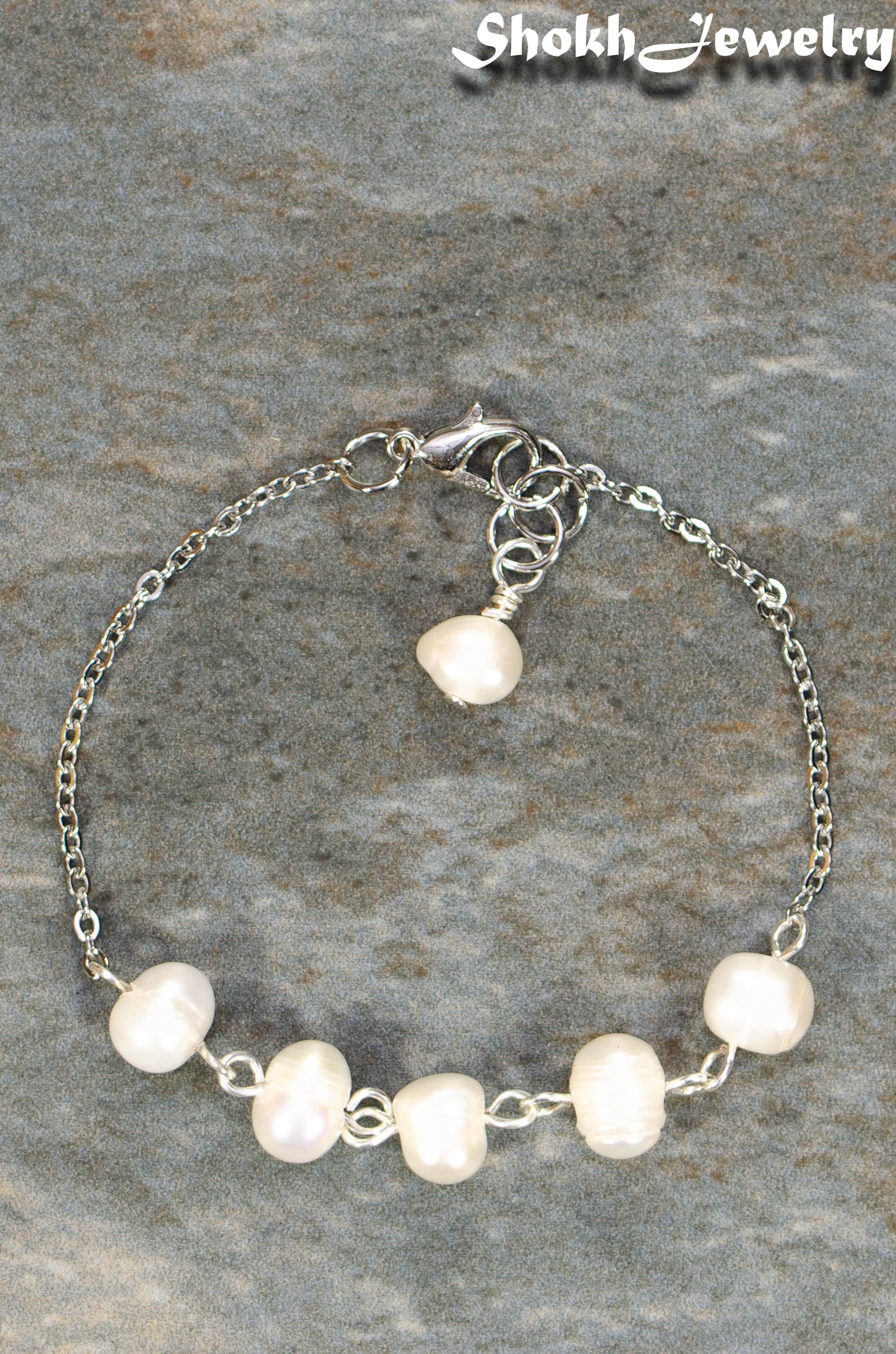 Top view of Freshwater Pearl and Stainless Steel Chain Anklet.