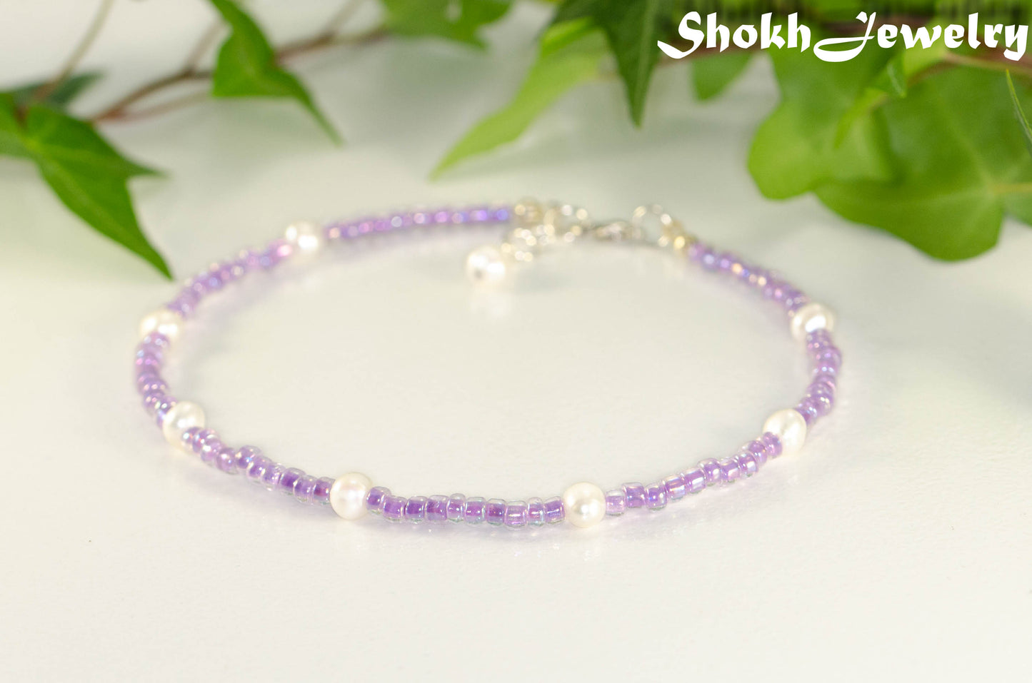Freshwater Pearl and Purple Seed Bead Anklet.