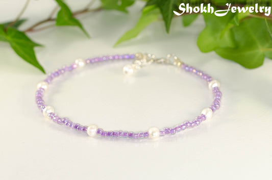 Freshwater Pearl and Purple Seed Bead Anklet.