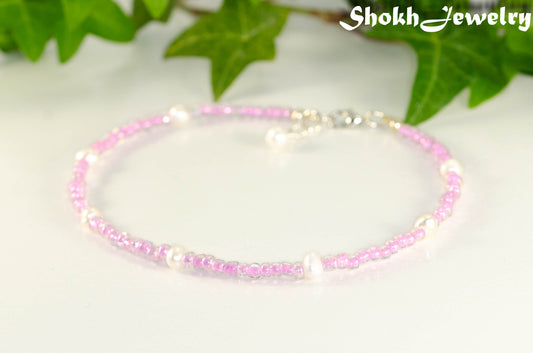 Freshwater Pearl and Pink Seed Bead Anklet.