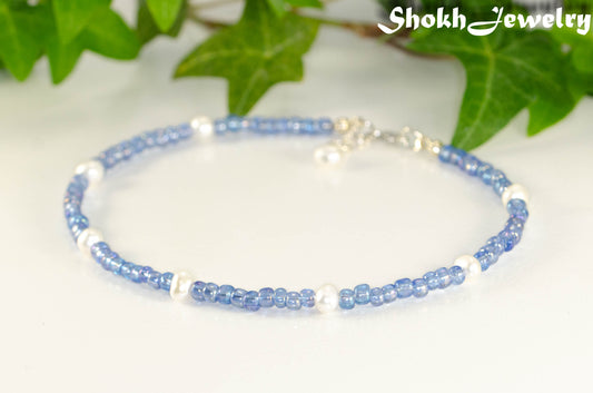 Freshwater Pearl and Blue Seed Bead Anklet.