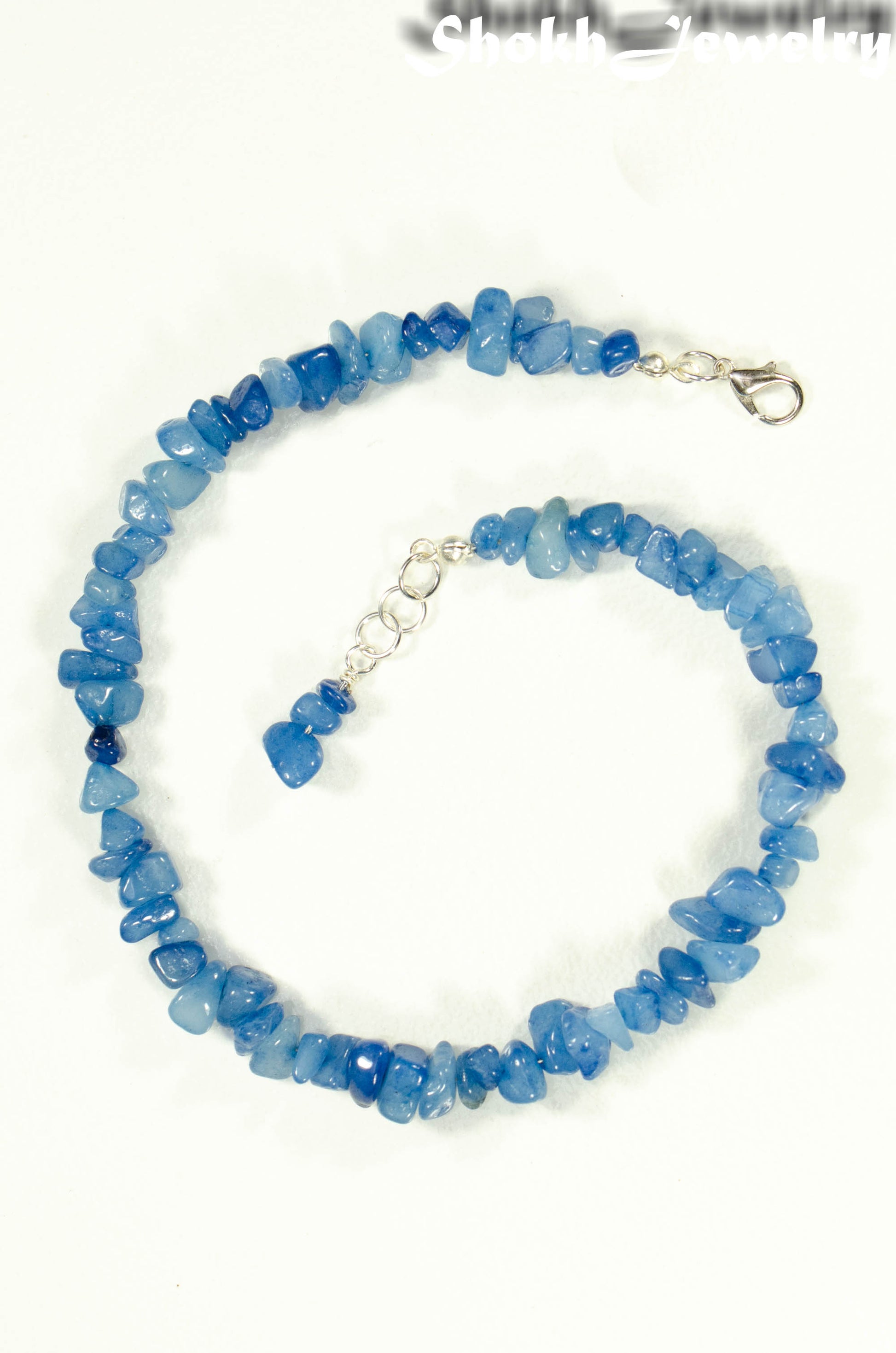 Top view of Natural Blue Quartzite Crystal Chip Choker Necklace.