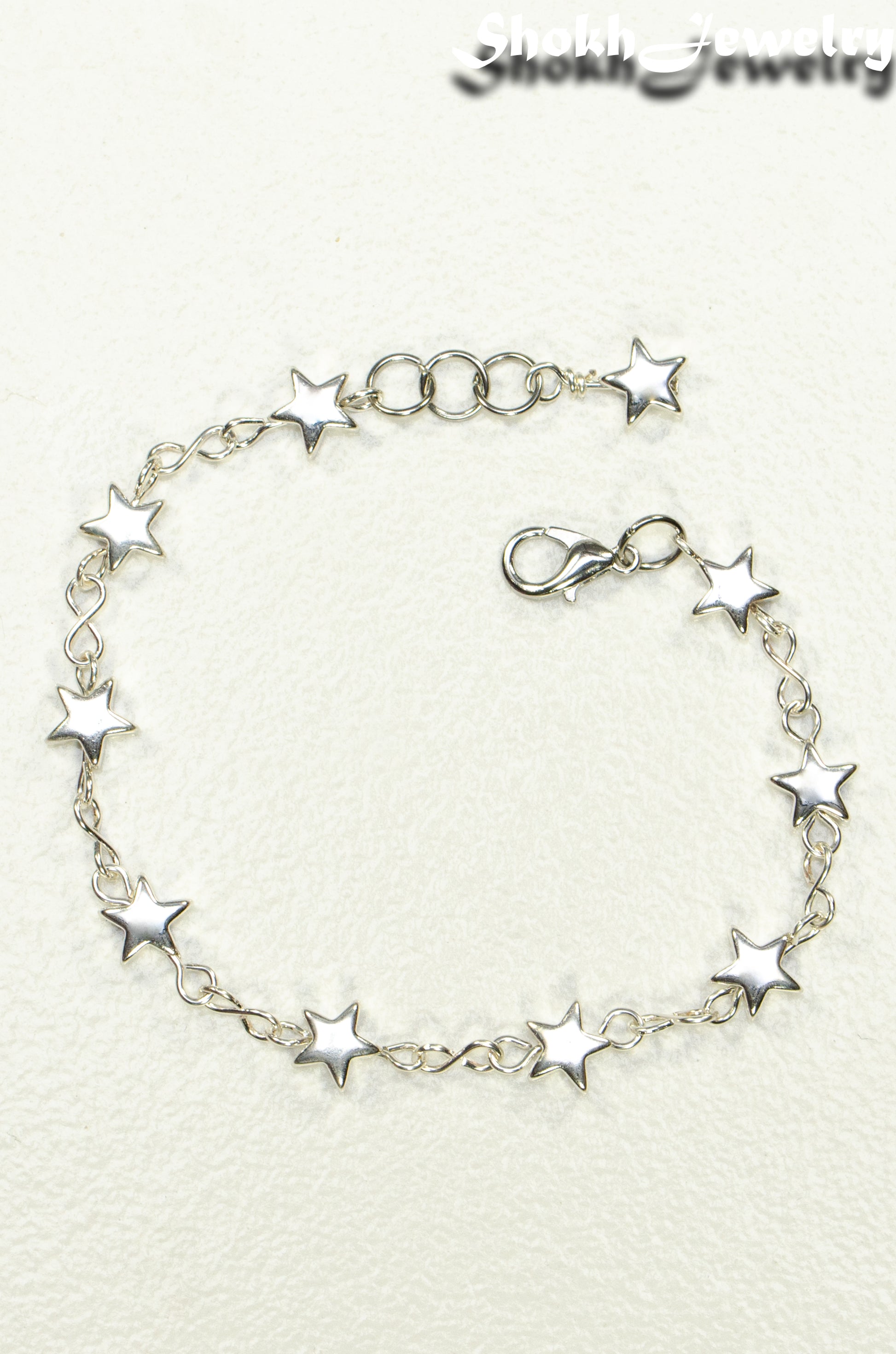 Top view of Silver plated Hematite Star Link Bracelet.