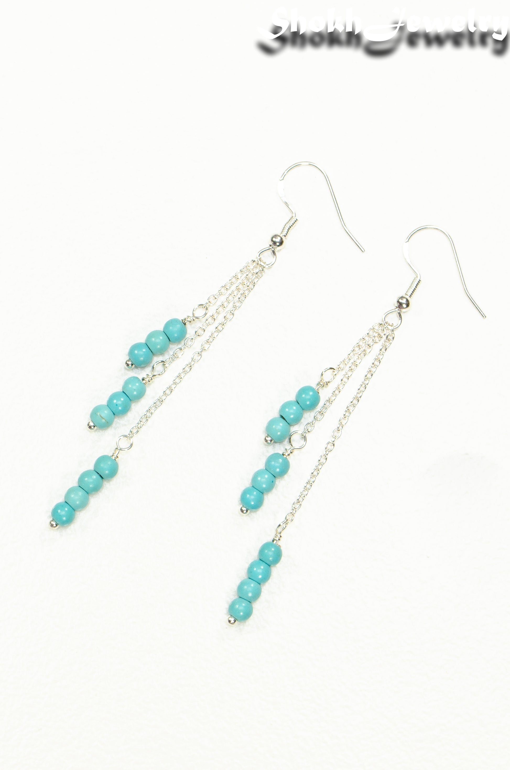 Top view of Silver Plated Chain and Turquoise Howlite Earrings.