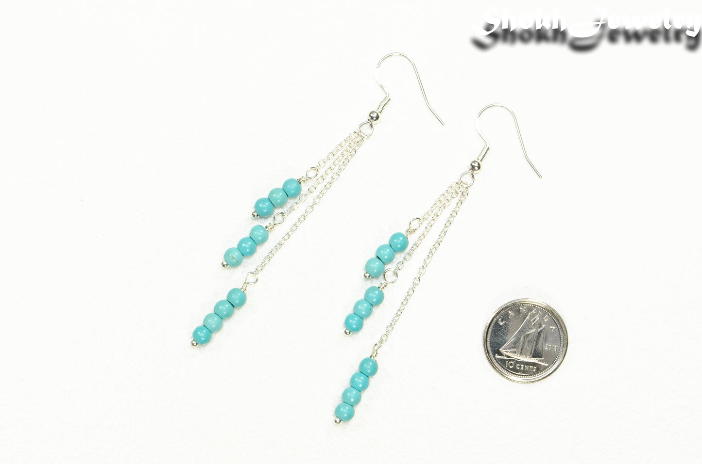 Silver Plated Chain and Turquoise Howlite Earrings beside a dime.