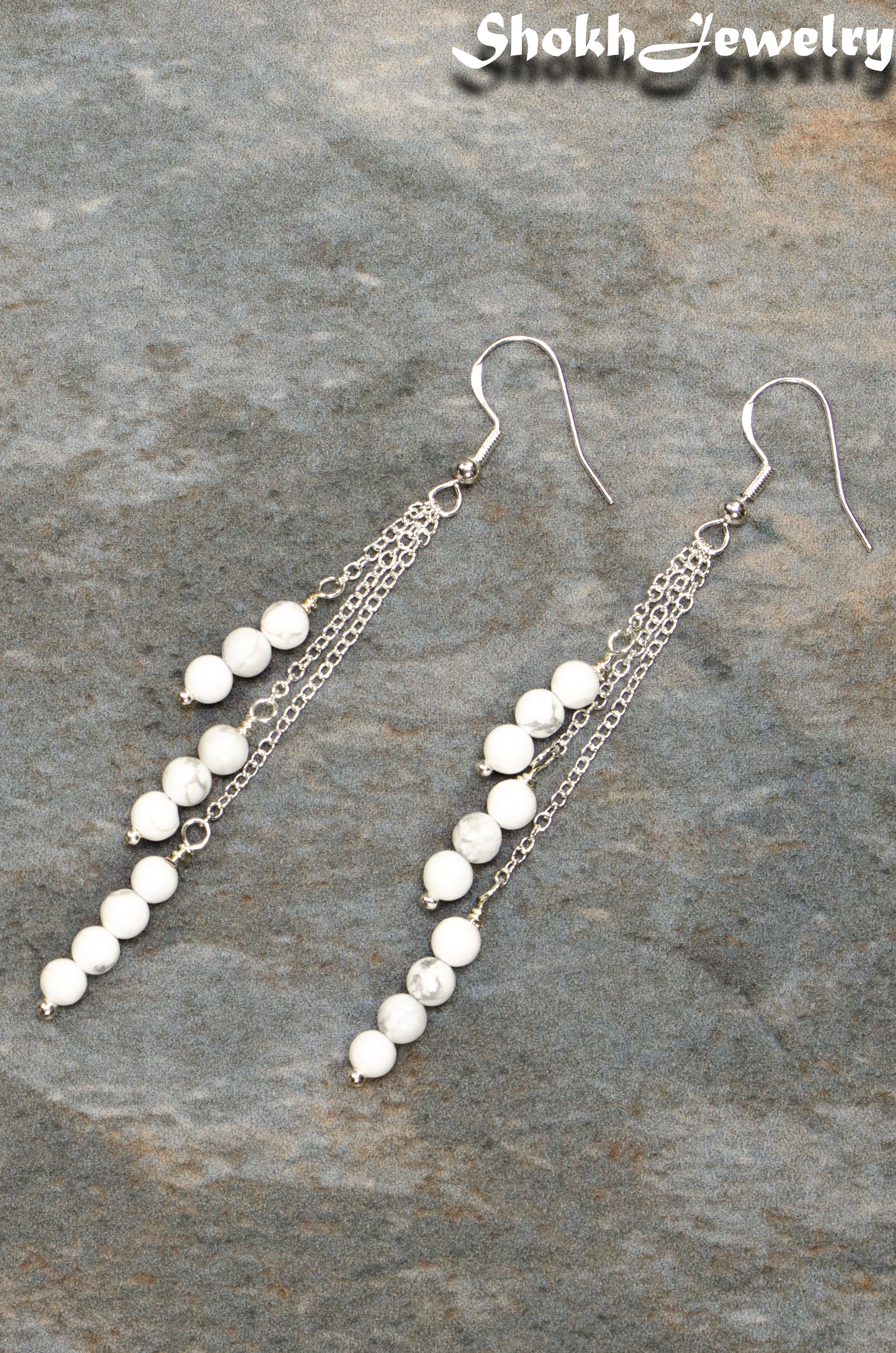 Top view of Silver Plated Chain and White Howlite Earrings.