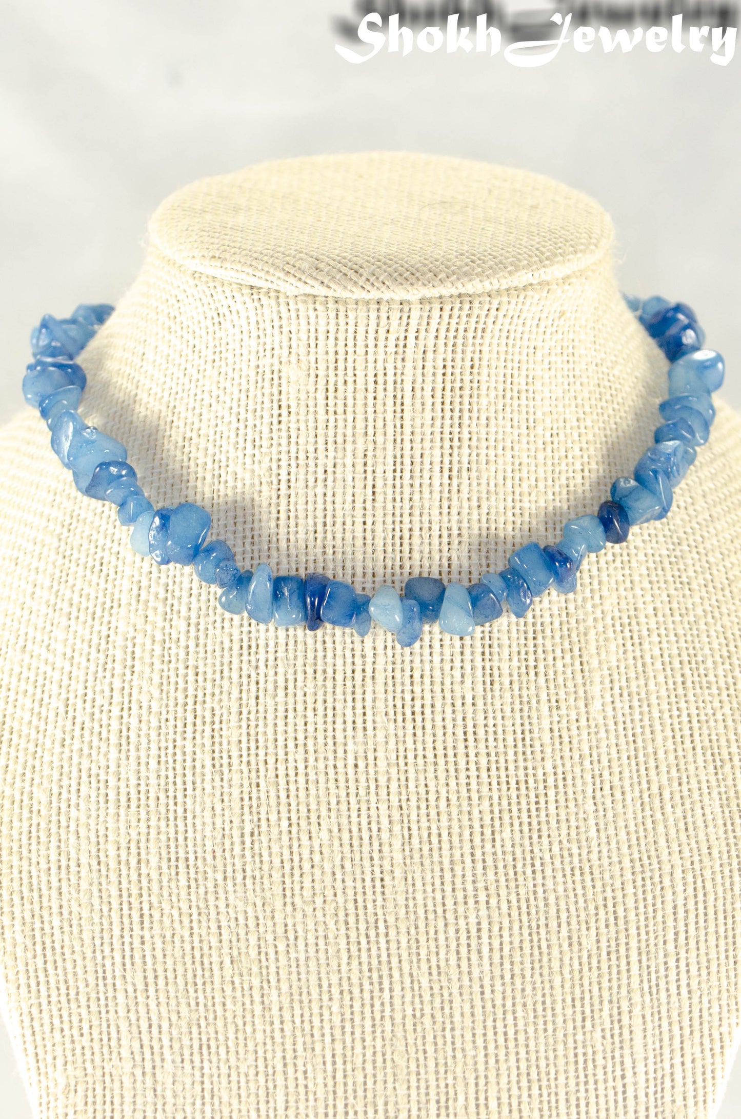 Natural Blue Quartzite Crystal Chip Choker Necklace displayed on a bust.