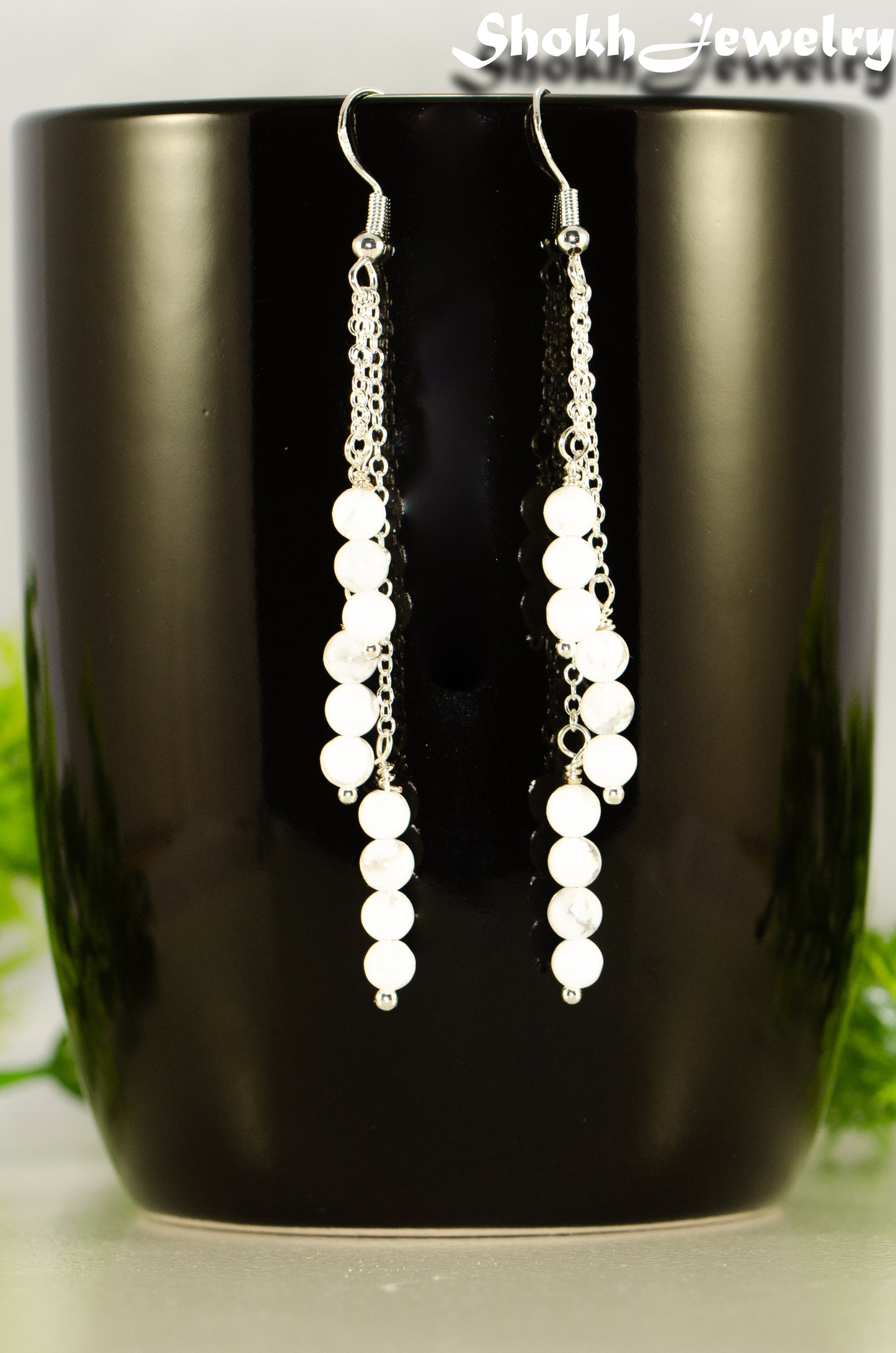 Close up of Silver Plated Chain and White Howlite Earrings.