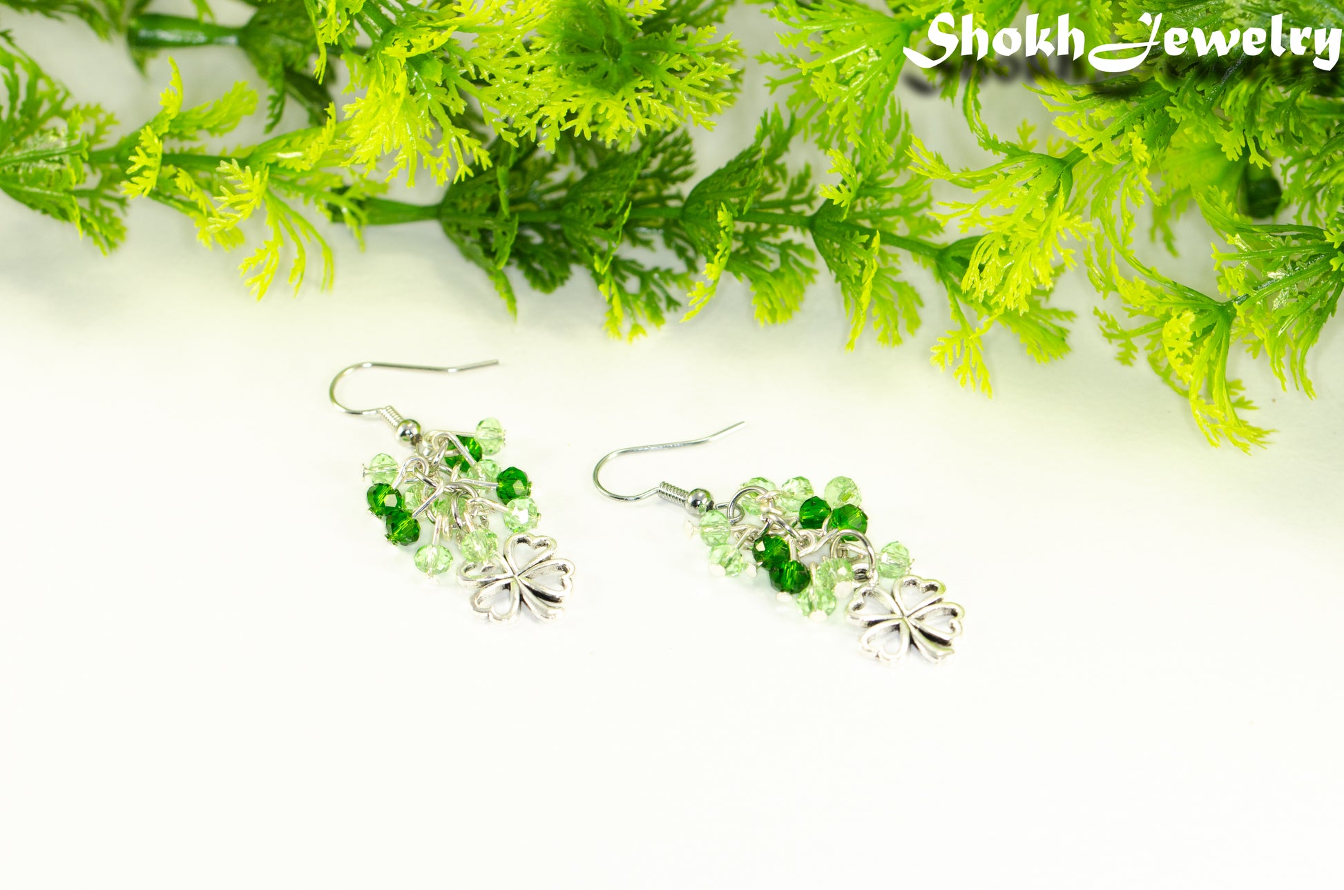 Lucky Four Leaf Clover Charm and Green Glass Bead Earrings.