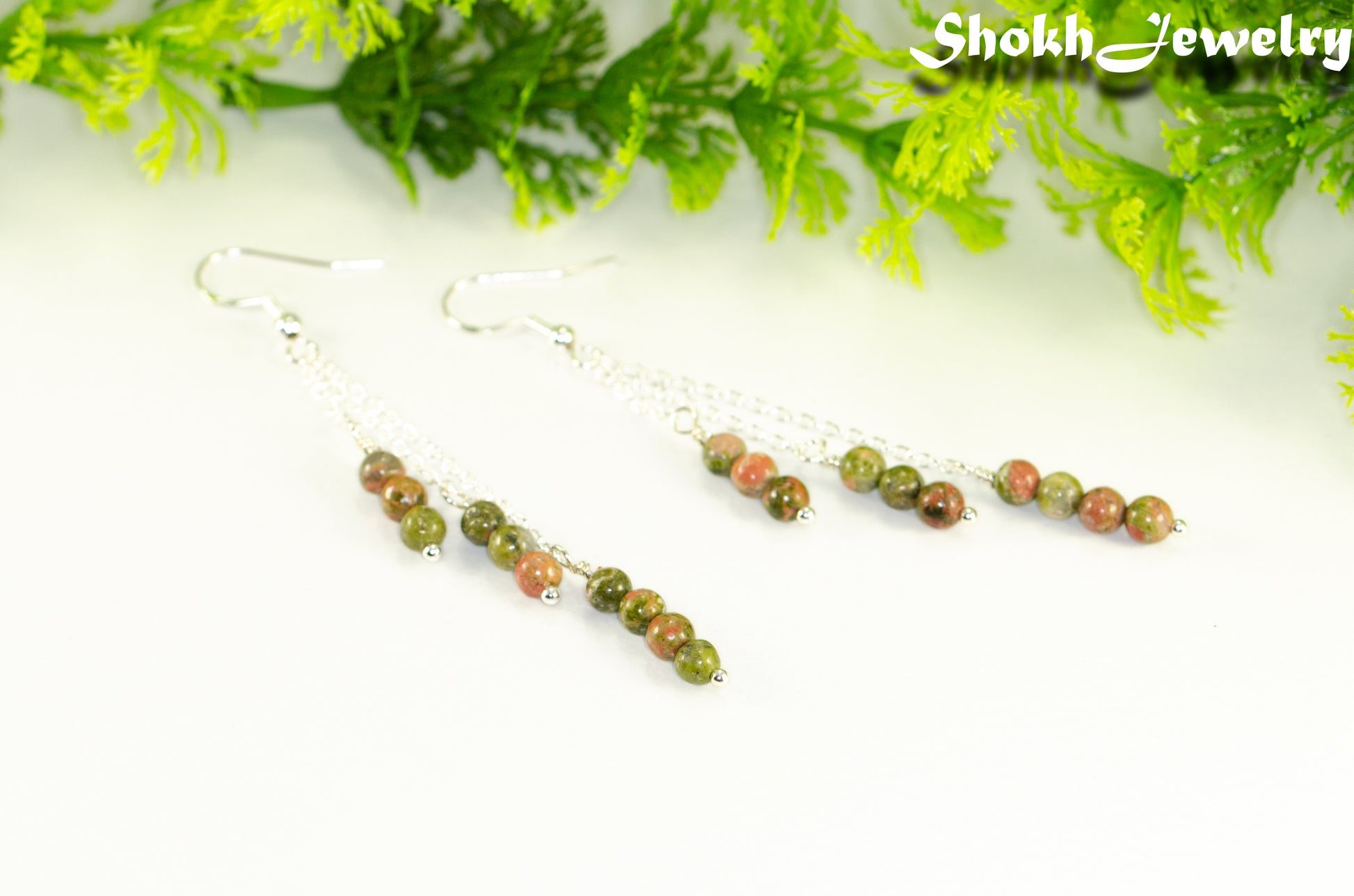 Silver Plated Chain and Unakite Stone Earrings.