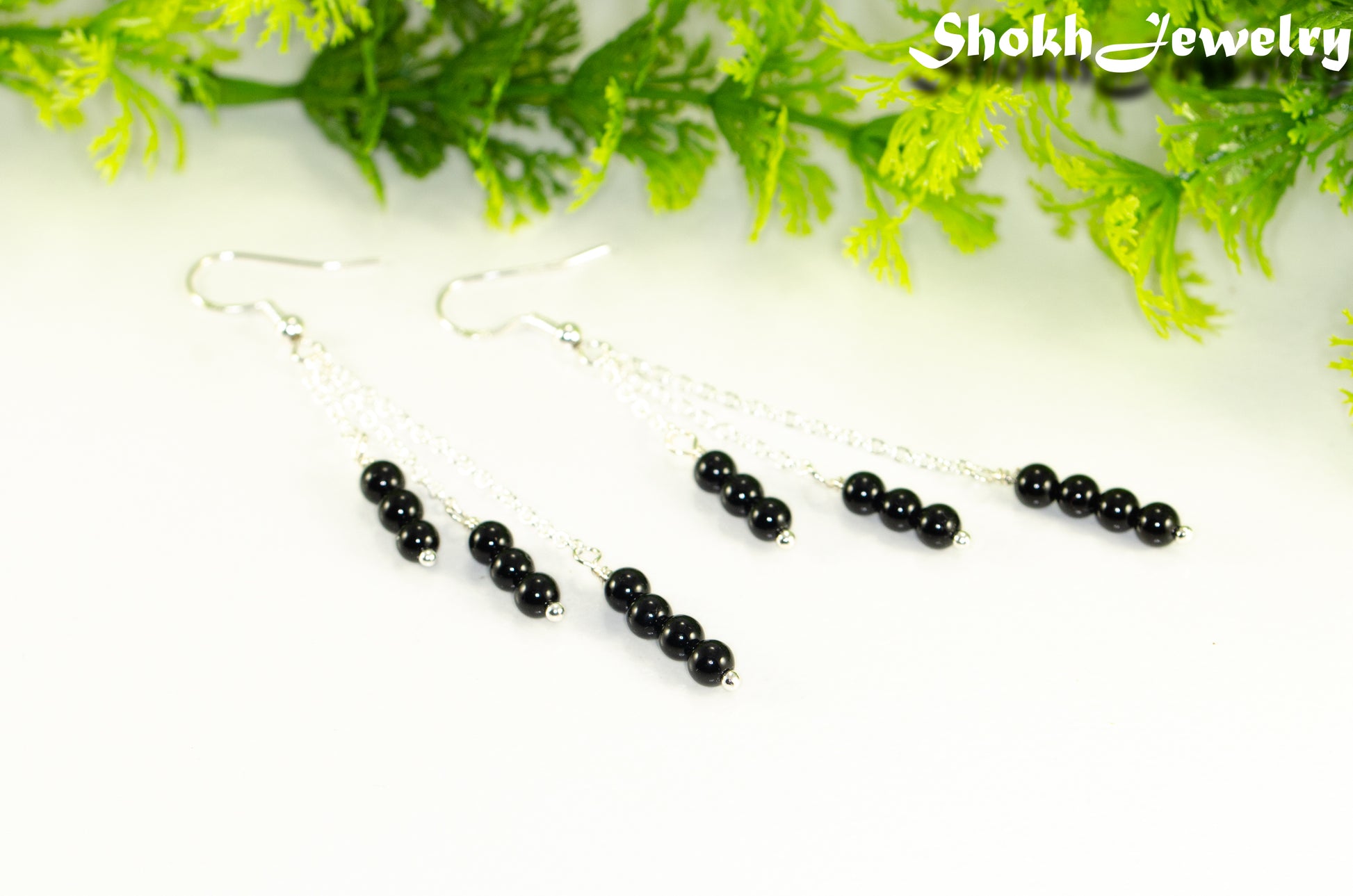 Silver Plated Chain and Black Onyx Stone Earrings.