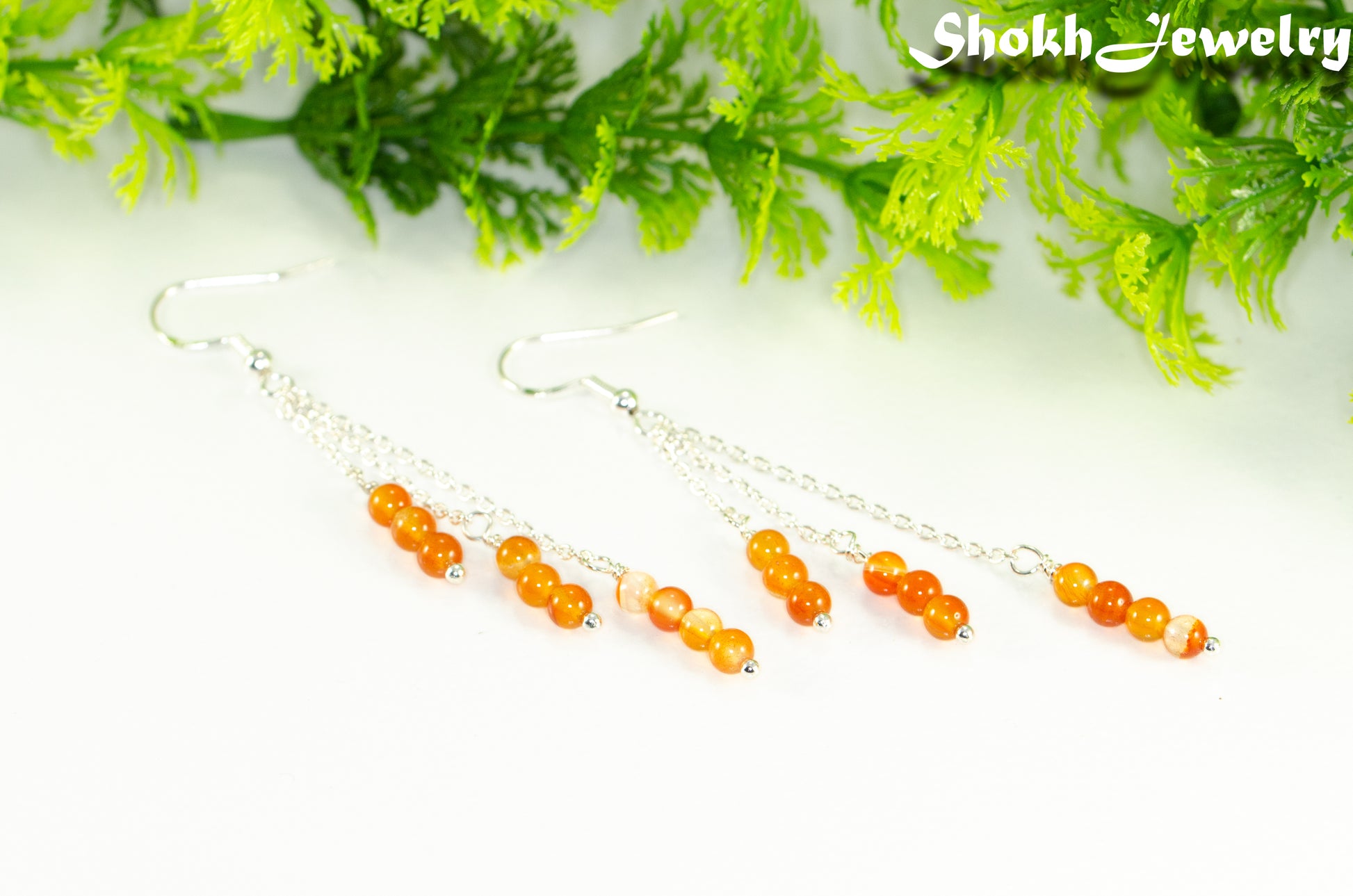 Silver Plated Chain and Carnelian Crystal Earrings.