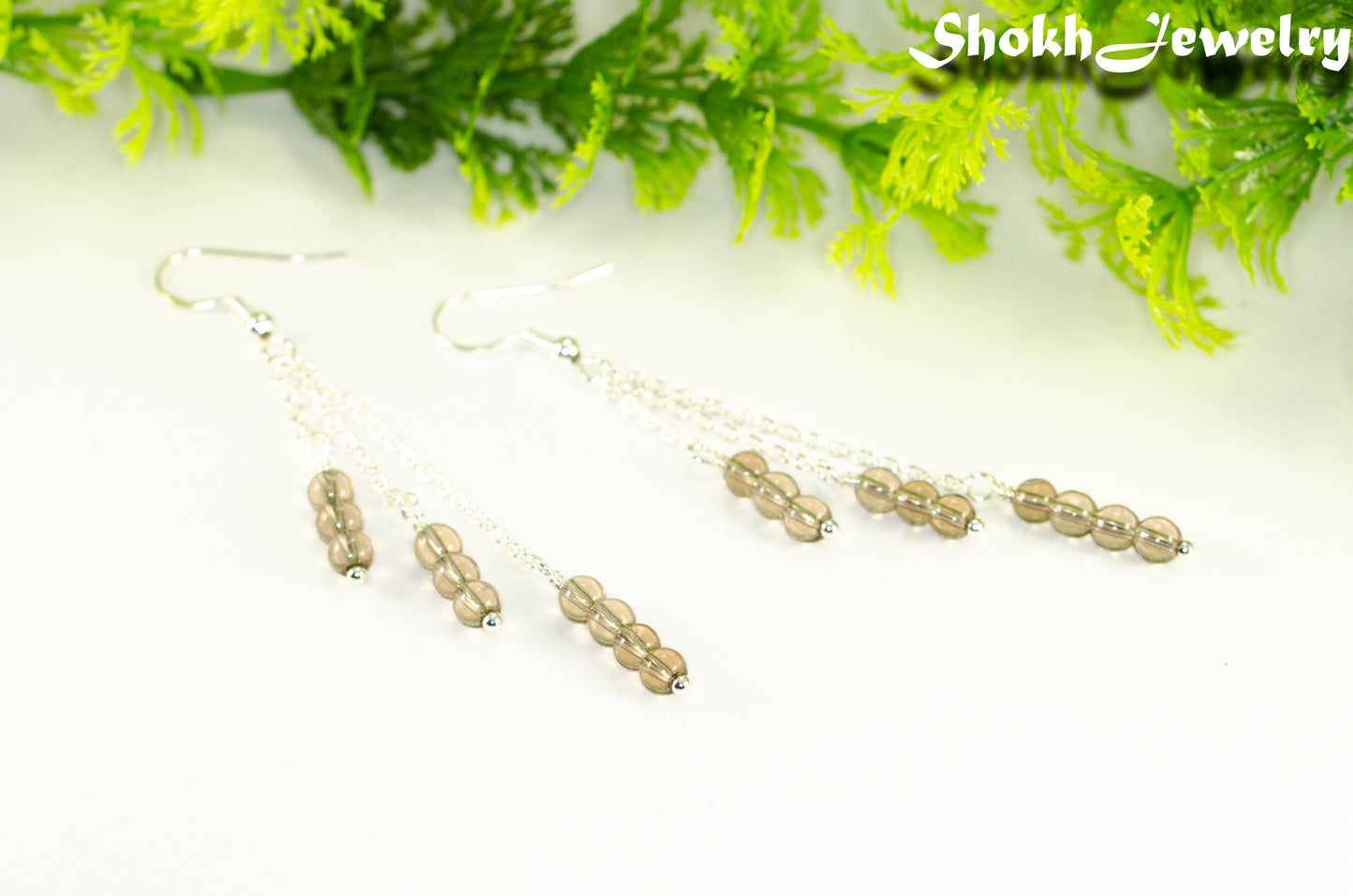 Silver Plated Chain and Smoky Quartz Crystal Earrings.