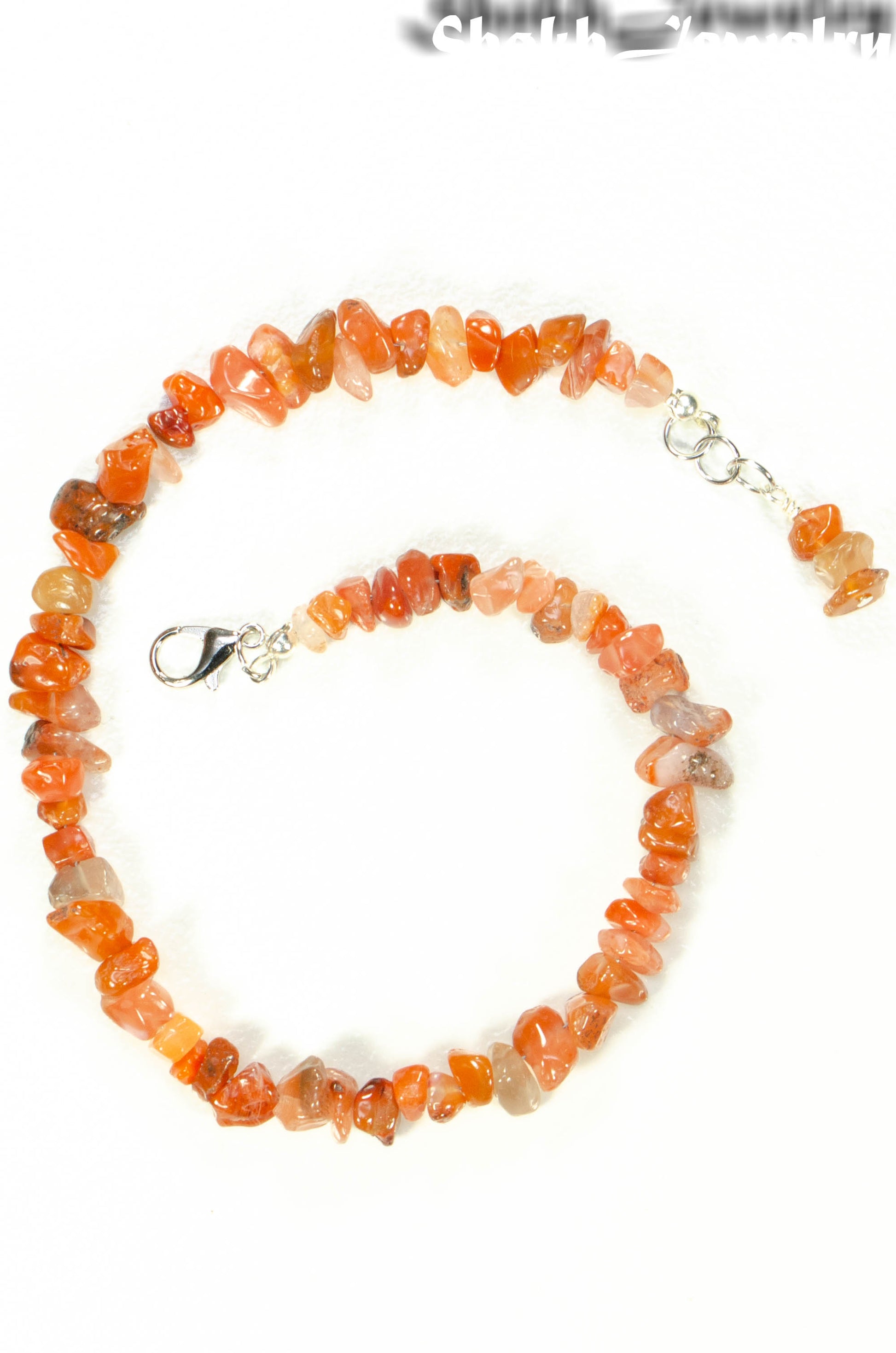 Top view of Natural Carnelian Crystal Chip Choker Necklace.