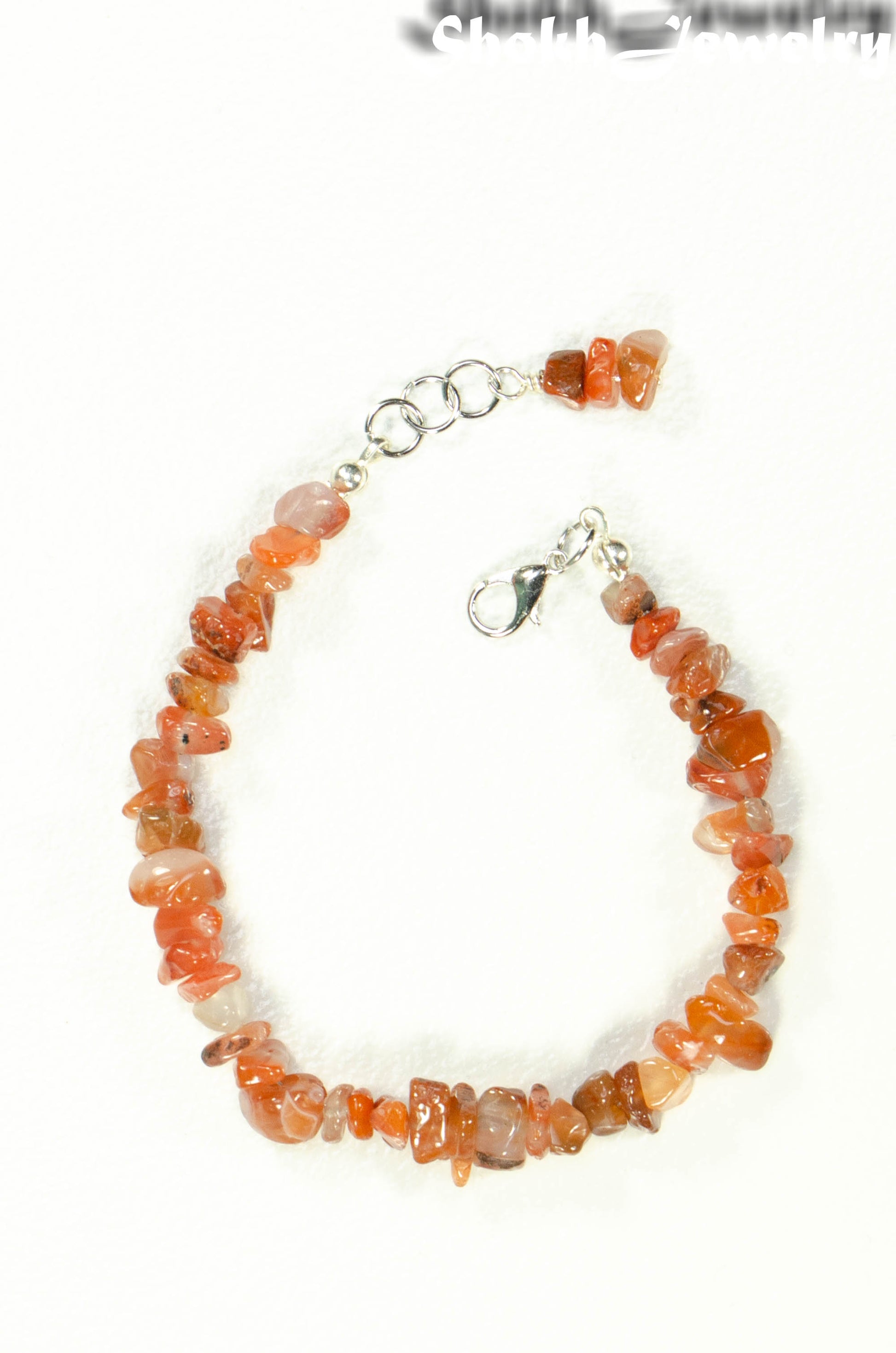 Top view of Natural Carnelian Crystal Chip Bracelet.