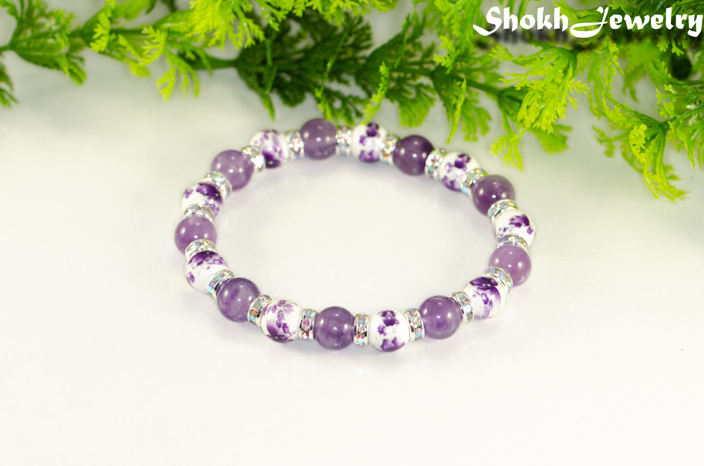 Amethyst and Purple Flower Ceramic Bead Bracelet.