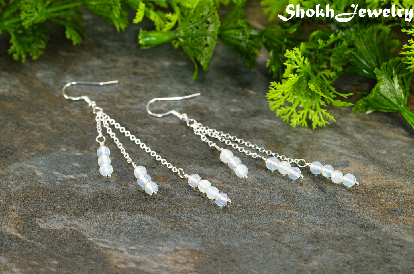 Silver Plated Chain and White Opal Crystal Earrings.