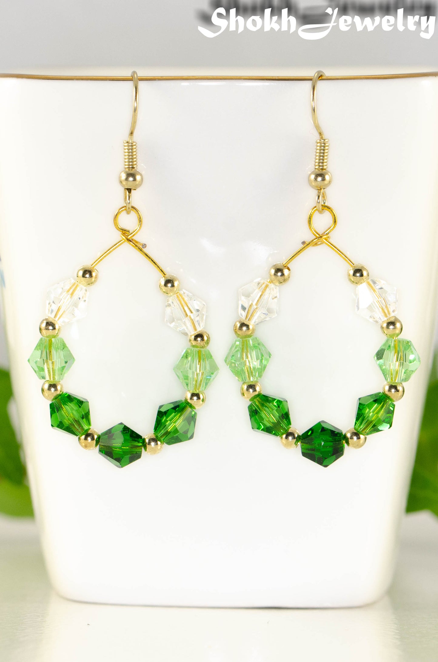 Ombre Green Glass Crystal Hoop Earrings.