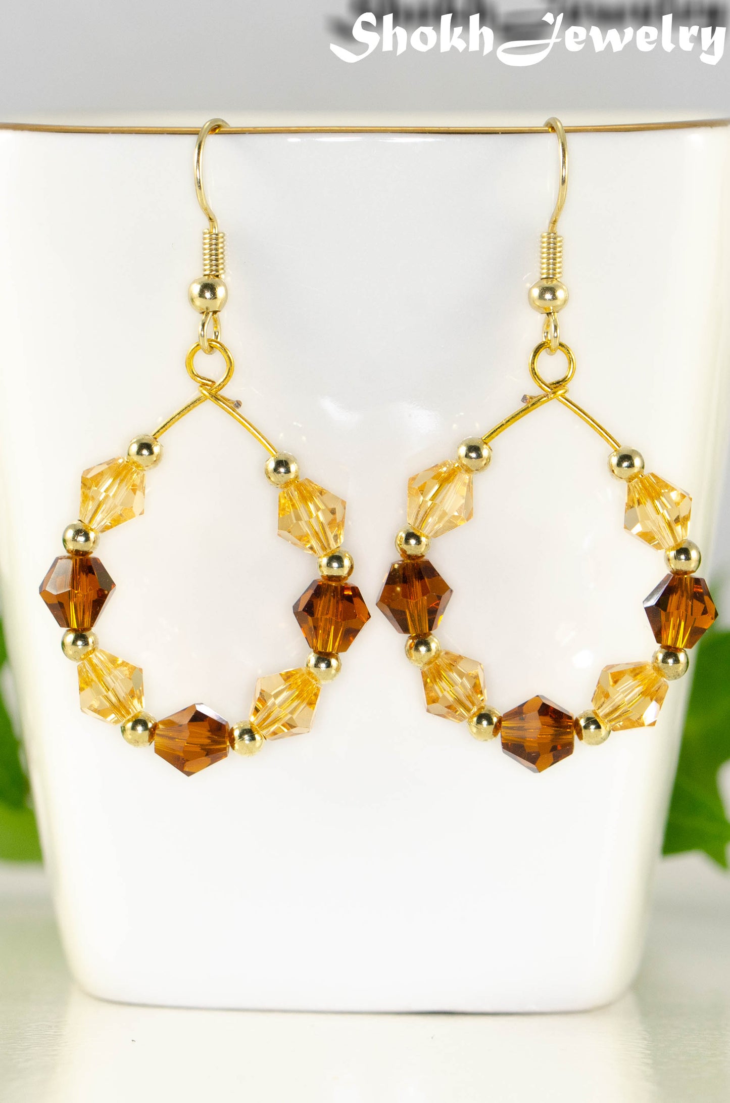 Amber and Brown Glass Crystal Hoop Earrings.