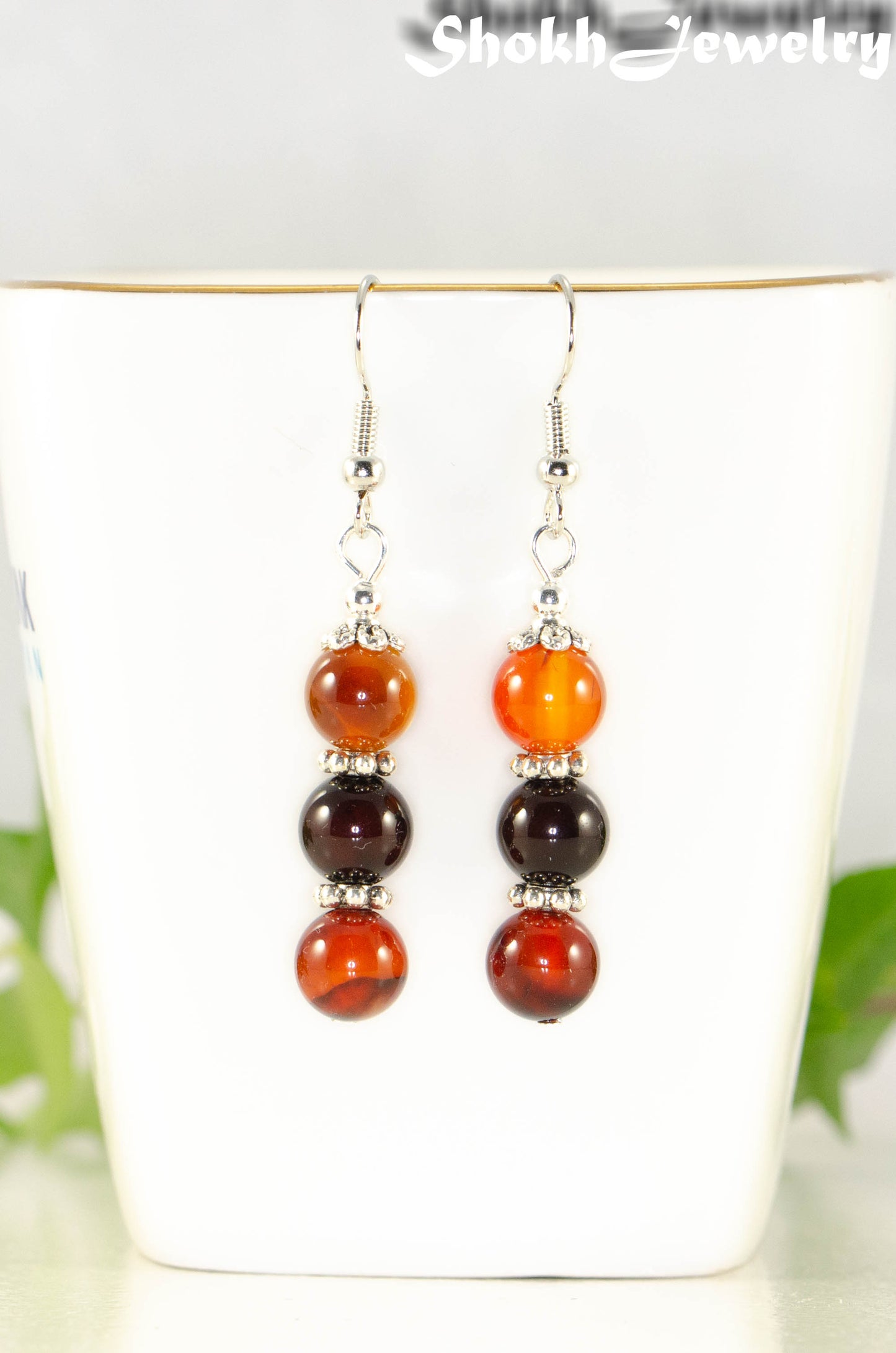 Natural Carnelian Beaded Bar Earrings.