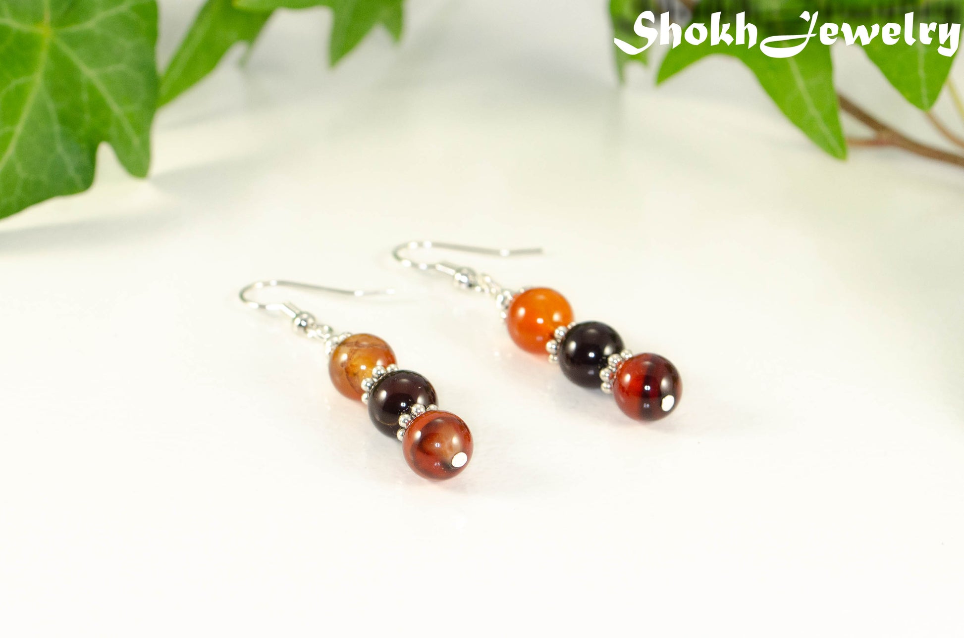 Natural Carnelian Beaded Bar Earrings.