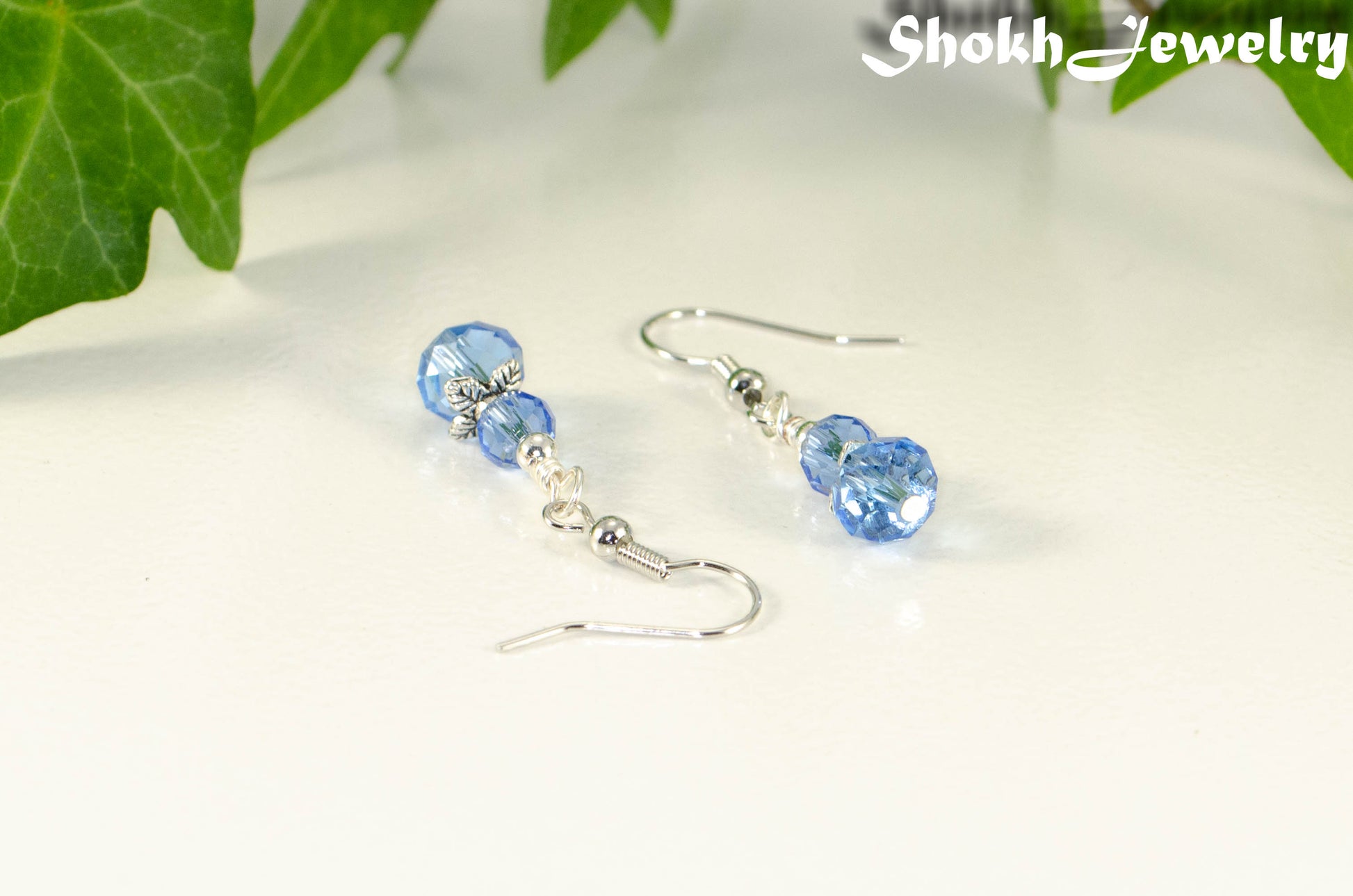 Small Light Blue Glass Bead Dangle Earrings.