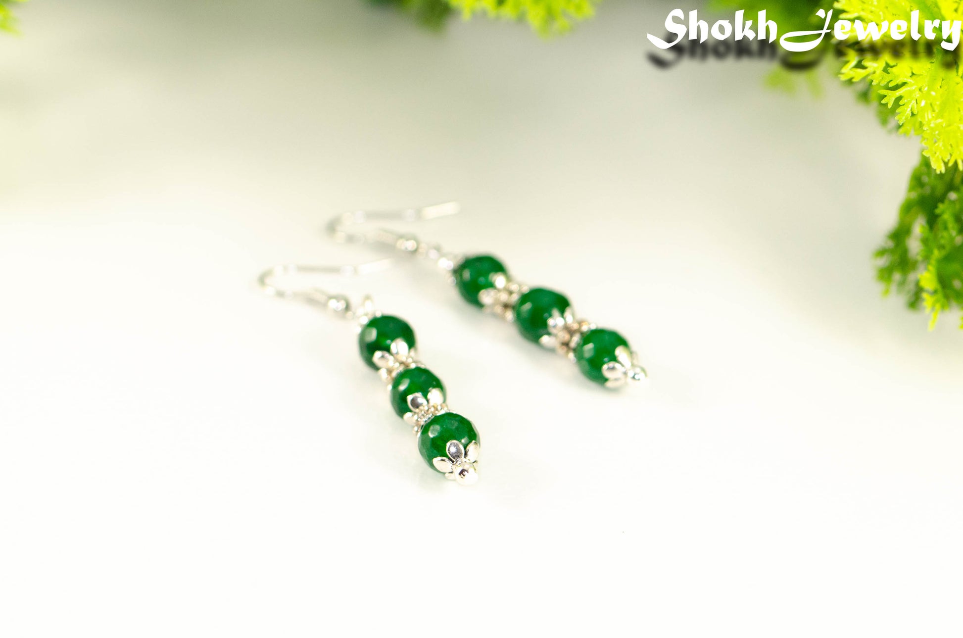 Natural Emerald Beaded Bar Earrings.