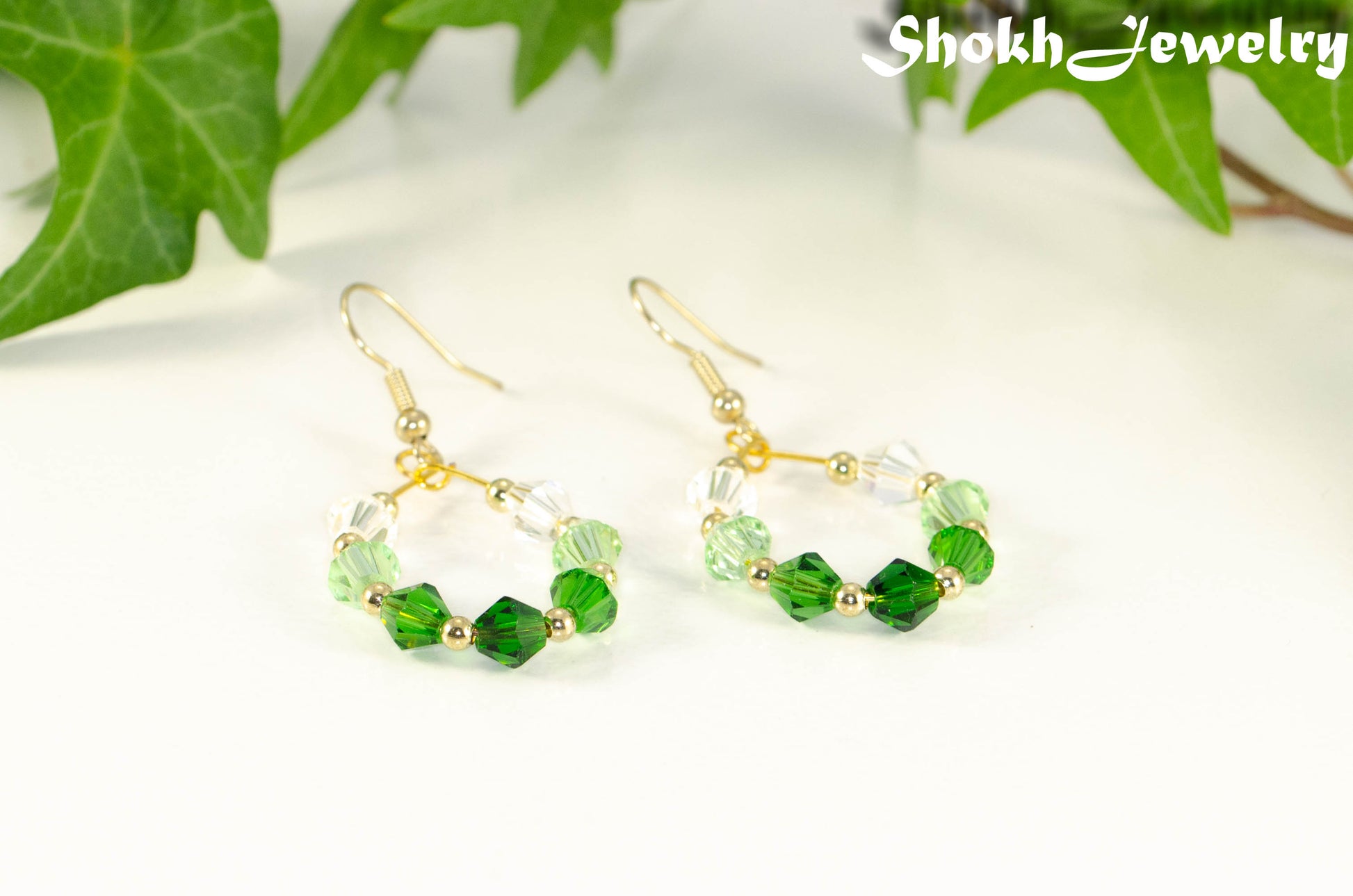 Ombre Green Glass Crystal Hoop Earrings.