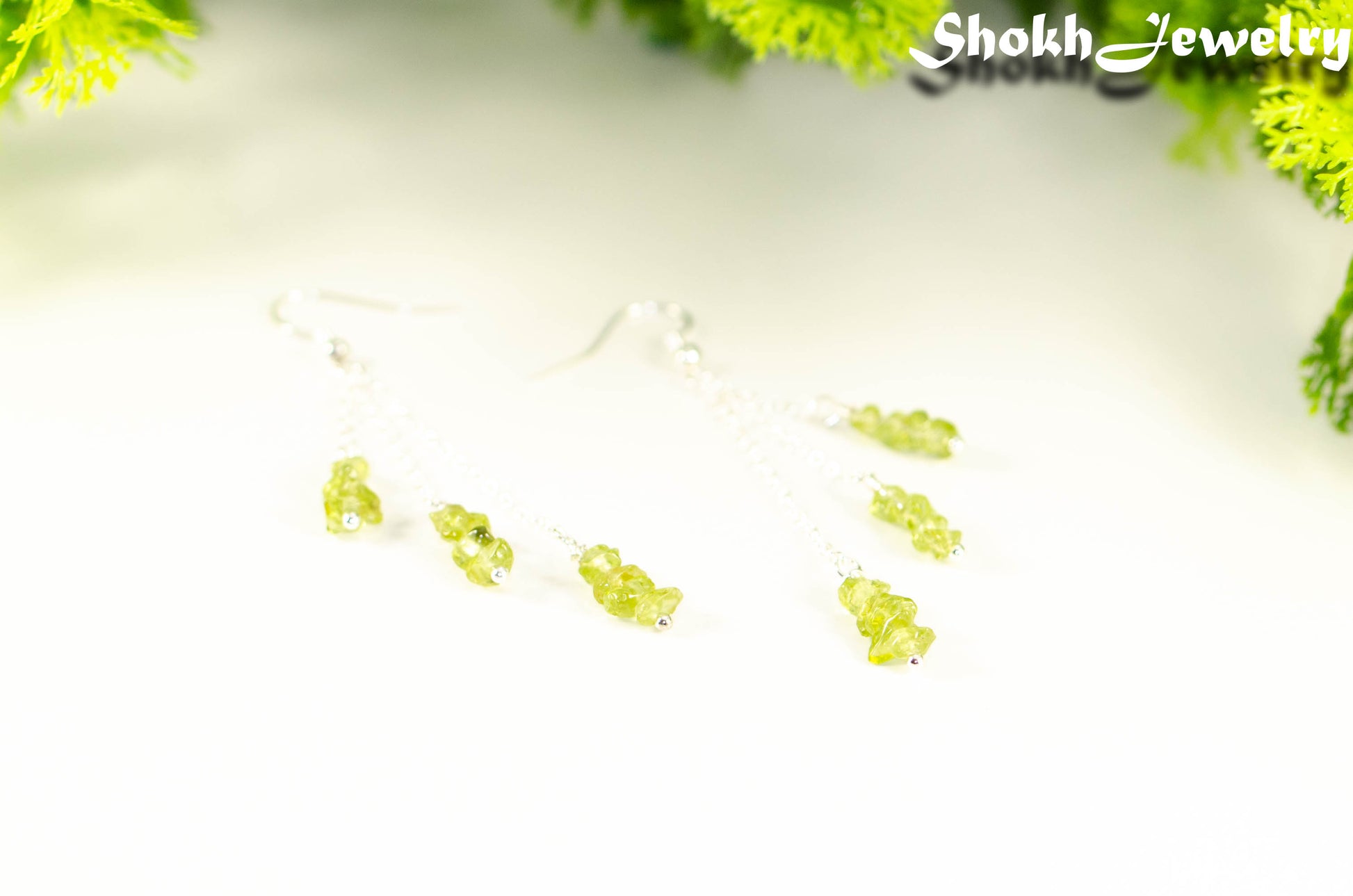 Long Silver Plated Chain and Peridot Chip Earrings.