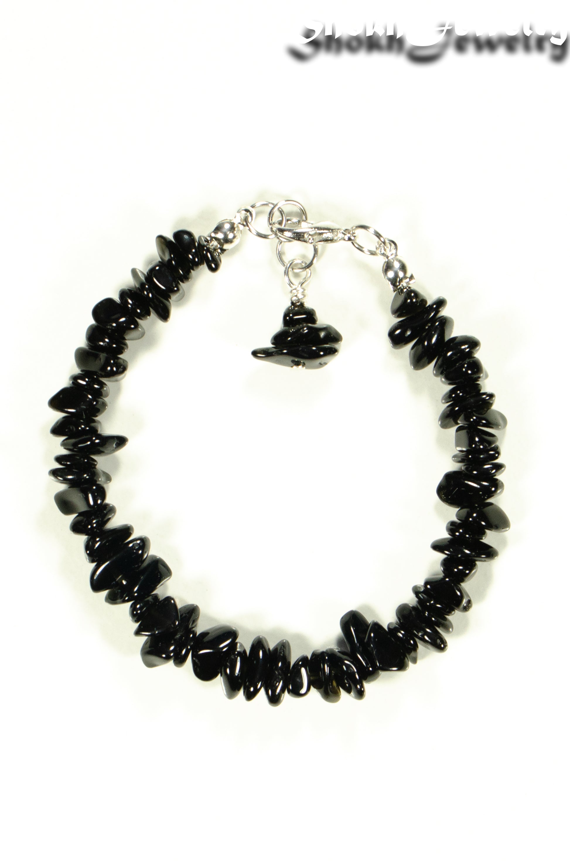 Top view of Natural Black Obsidian Crystal Chip Bracelet.